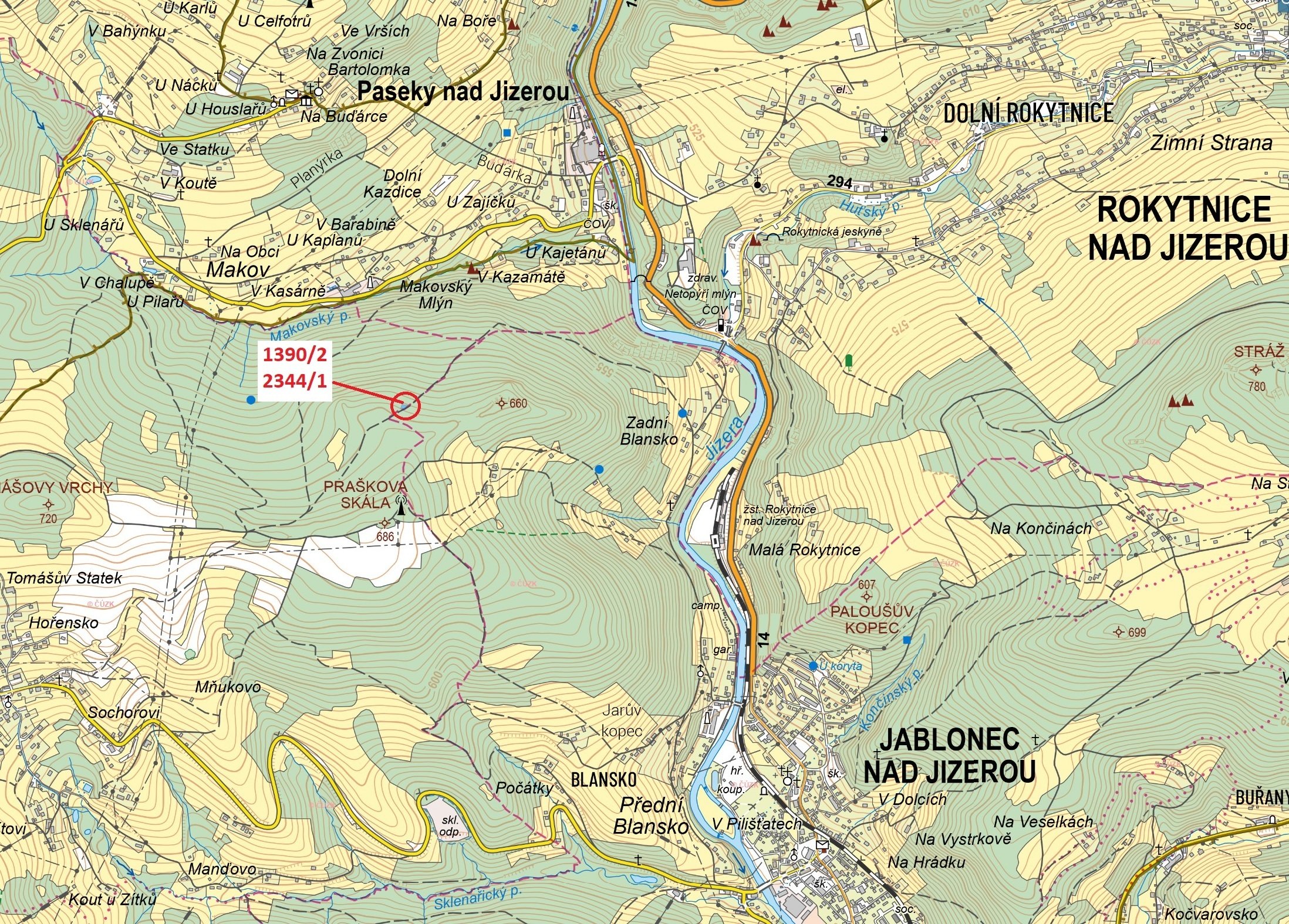 Lesní pozemky o výměře 235 m2, podíl 1/1, k.ú. Sklenařice, okres Semily