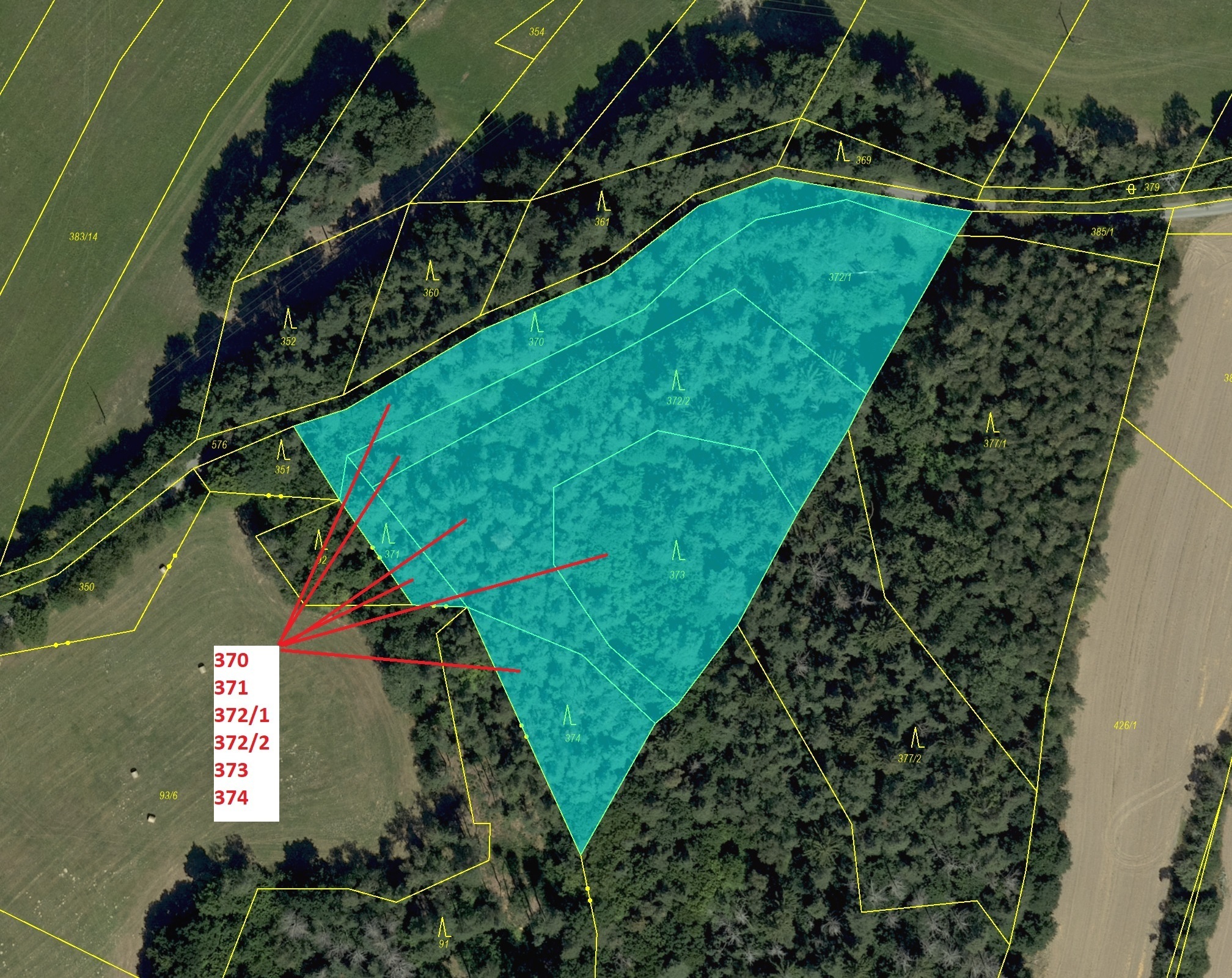 Lesní pozemky a orná půda o výměře 8596 m2, podíl 1/1, k.ú. Maňová, okres Brno-venkov