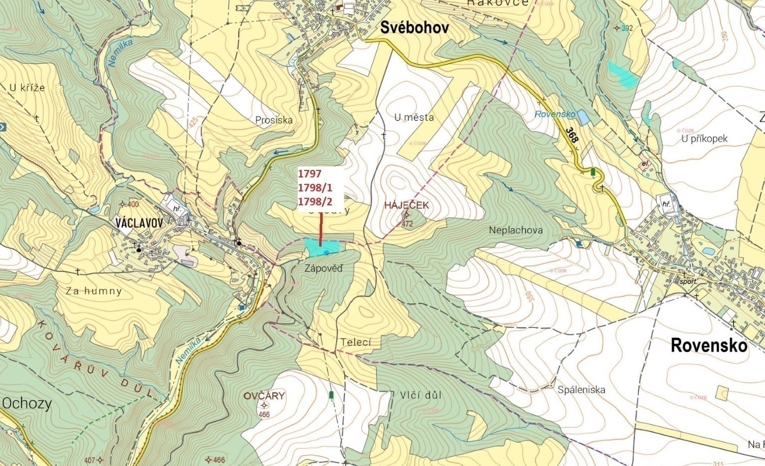 Lesní pozemky o výměře 13 683 m2, podíl 1/1, k.ú. Rovensko, okres Šumperk.