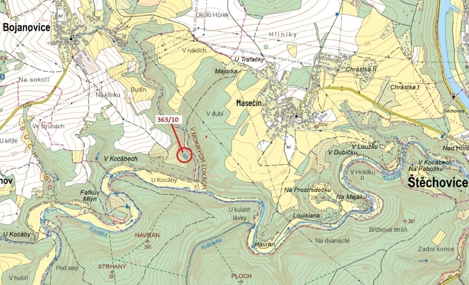 Lesní pozemek o výměře 1 285 m2, podíl 1/1, k.ú. Bojanovice, okres Praha-západ