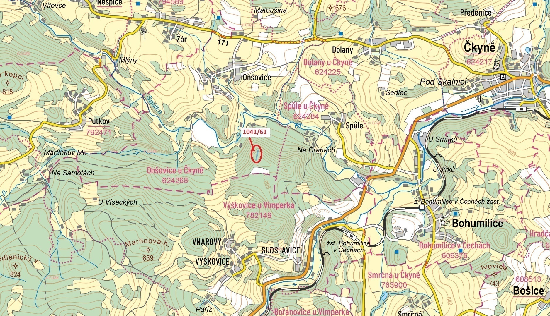 Lesní pozemek o výměře 2039 m2, podíl 1/1, k.ú. Onšovice u Čkyně, okres Prachatice