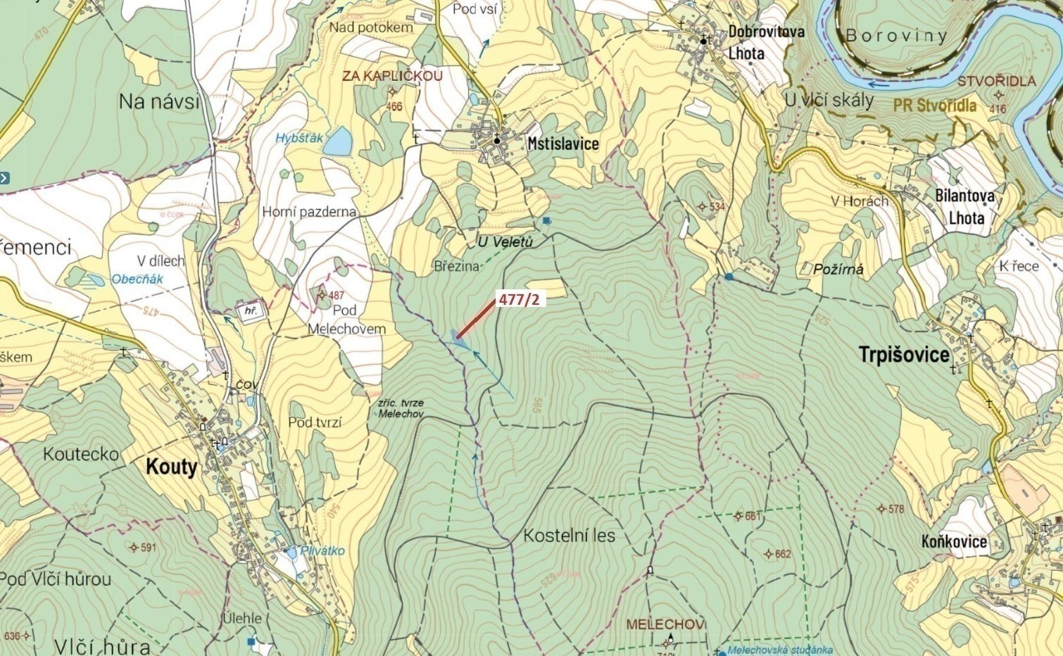 Lesní pozemky o výměře  2 281 m2, podíl 1/1, k.ú. Mstislavice, okres Havlíčkův Brod