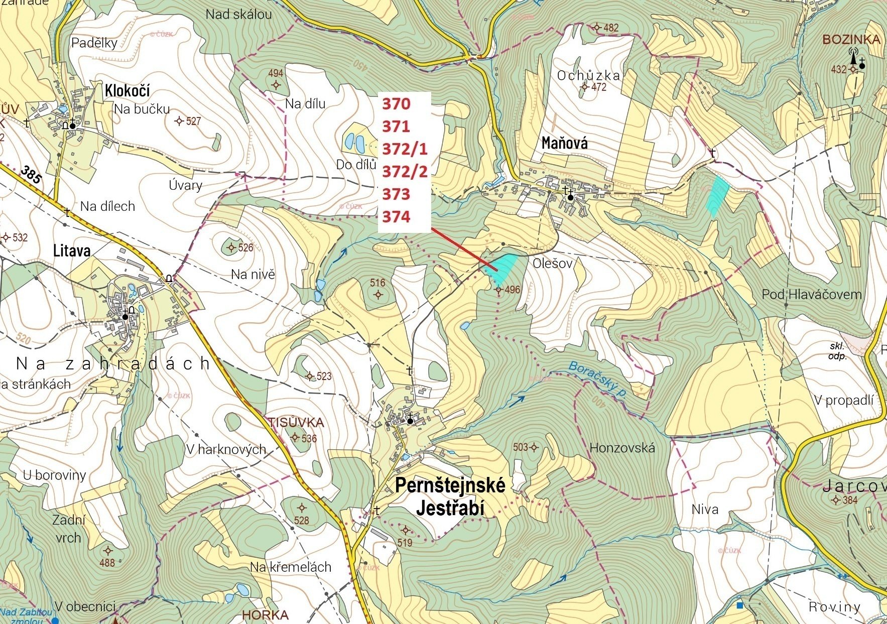 Lesní pozemky a orná půda o výměře 8596 m2, podíl 1/1, k.ú. Maňová, okres Brno-venkov