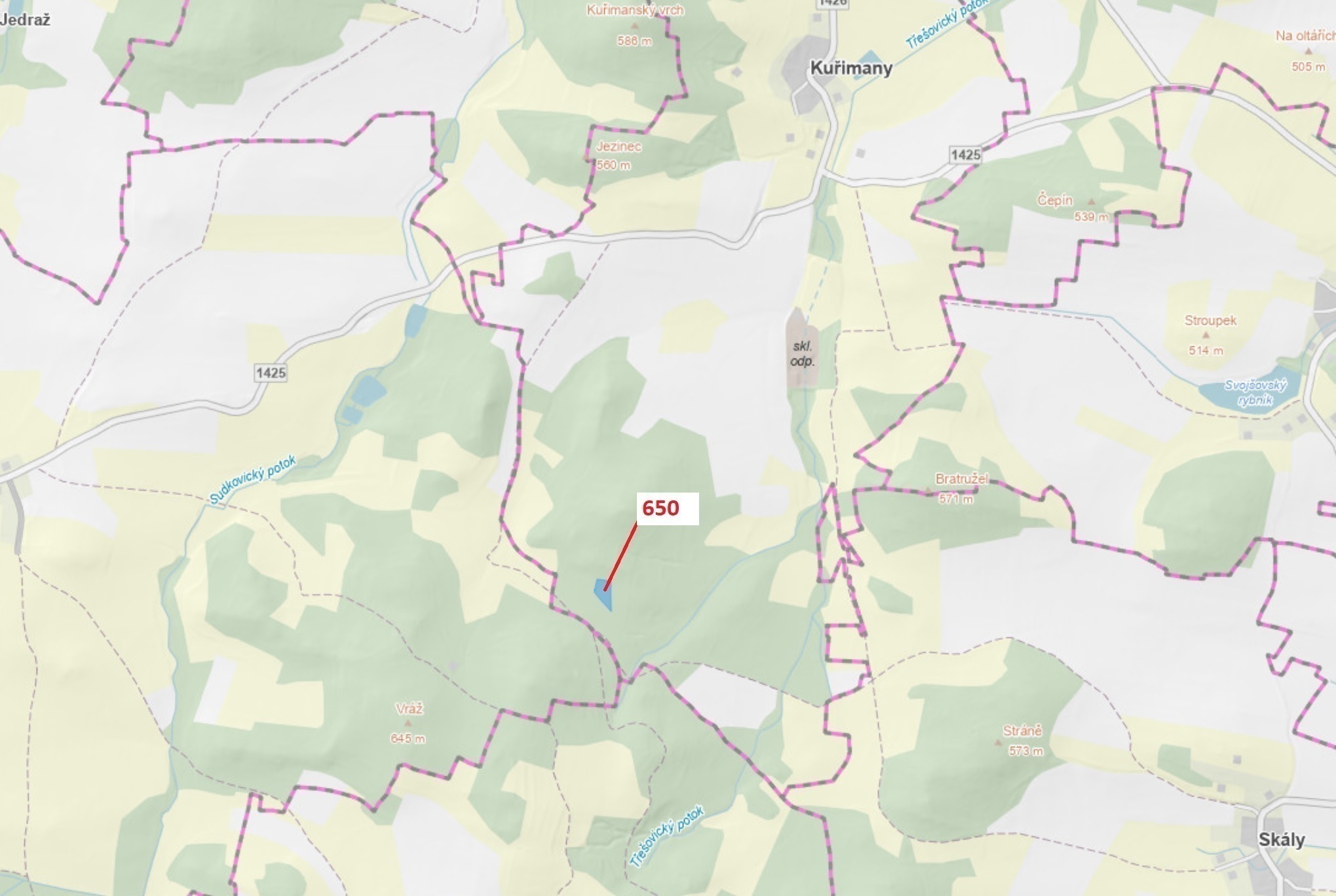 Lesní pozemek o výměře 3688 m2, podíl 1/1, katastrální území Kuřimany, obec Kuřimany, obec s rozšíře
