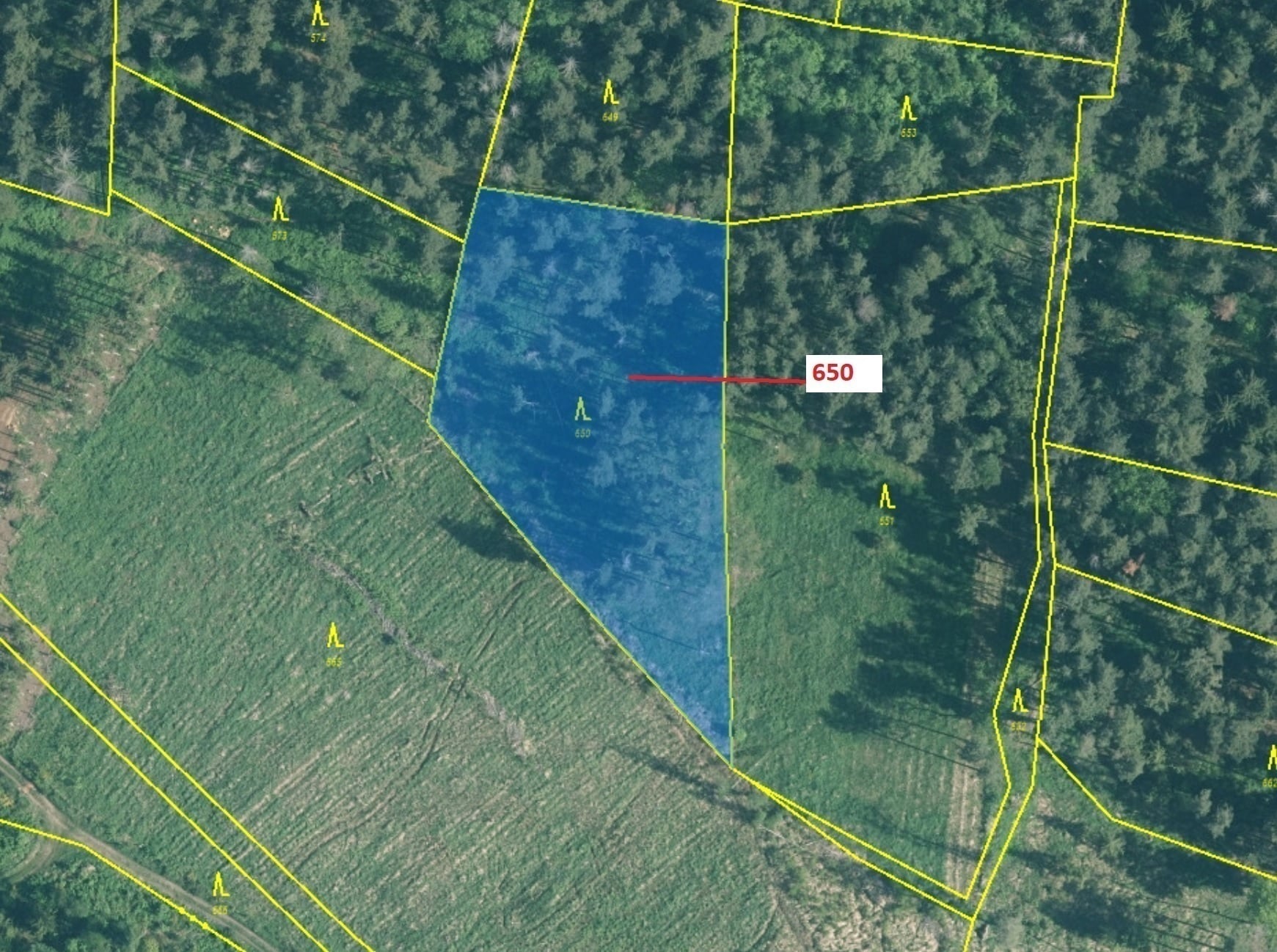 Lesní pozemek o výměře 3688 m2, podíl 1/1, katastrální území Kuřimany, obec Kuřimany, obec s rozšíře