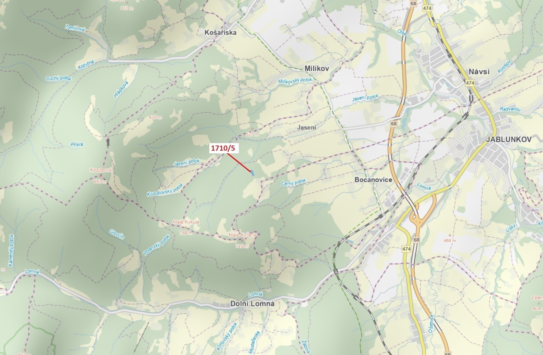 Lesní pozemek o výměře 3528 m2, podíl 1/1, katastrální území Návsí, obec Návsí, obec s rozšířenou pů