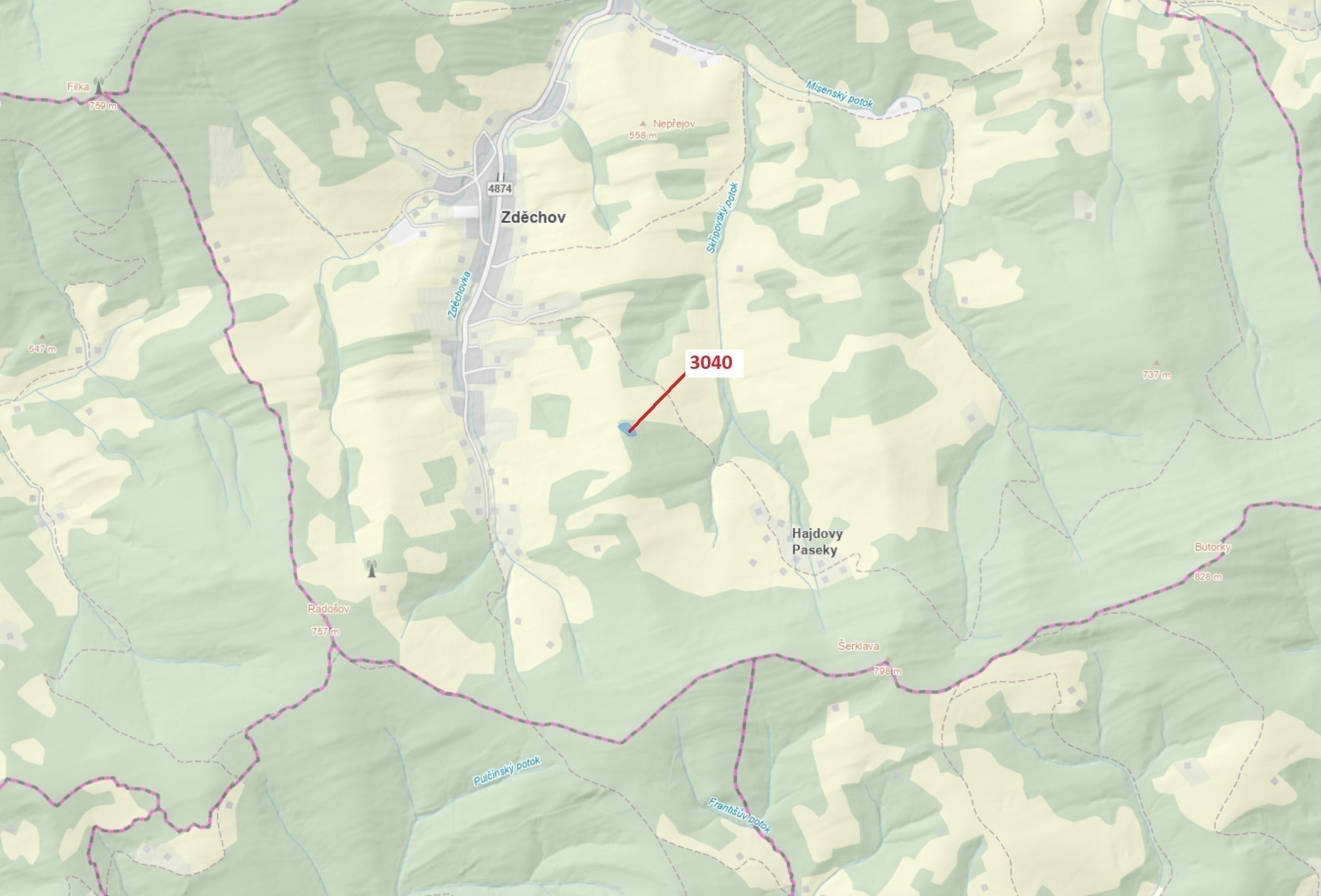 Lesní pozemek o výměře 2428 m2, podíl 1/1, katastrální území Zděchov, obec Zděchov, obec s rozšířeno