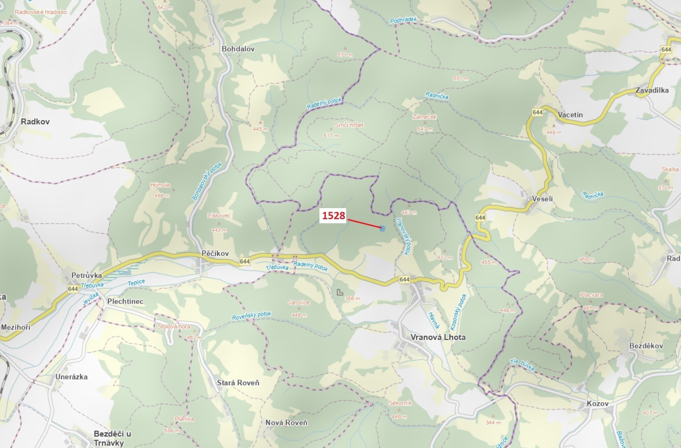 Lesní pozemek o výměře 5 323 m2, podíl 1/1, katastrální území Vranová, obec Vranová Lhota, obec s ro
