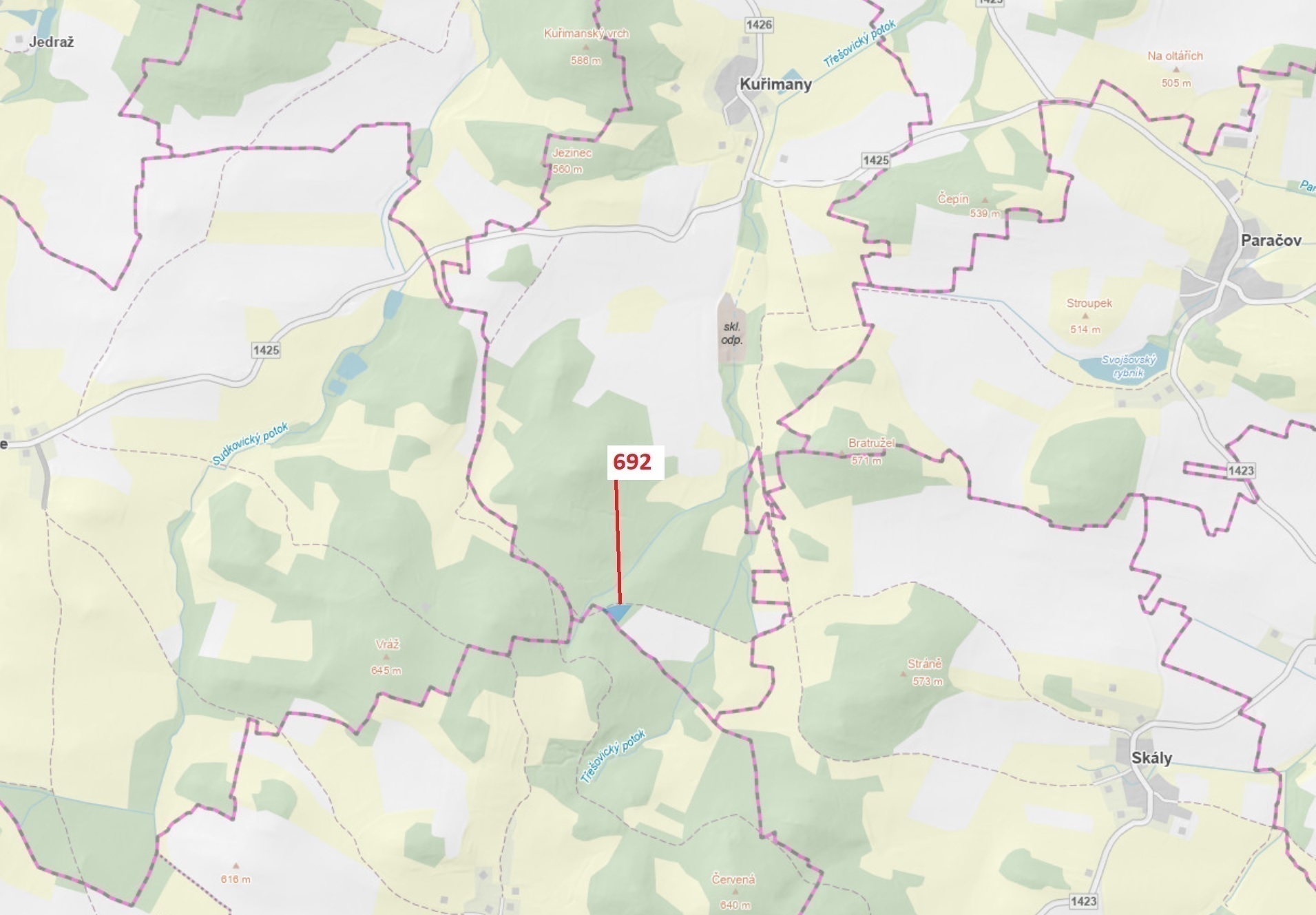 Lesní pozemek o výměře 2947 m2, podíl 1/1, katastrální území Kuřimany, obec Kuřimany, obec s rozšíře