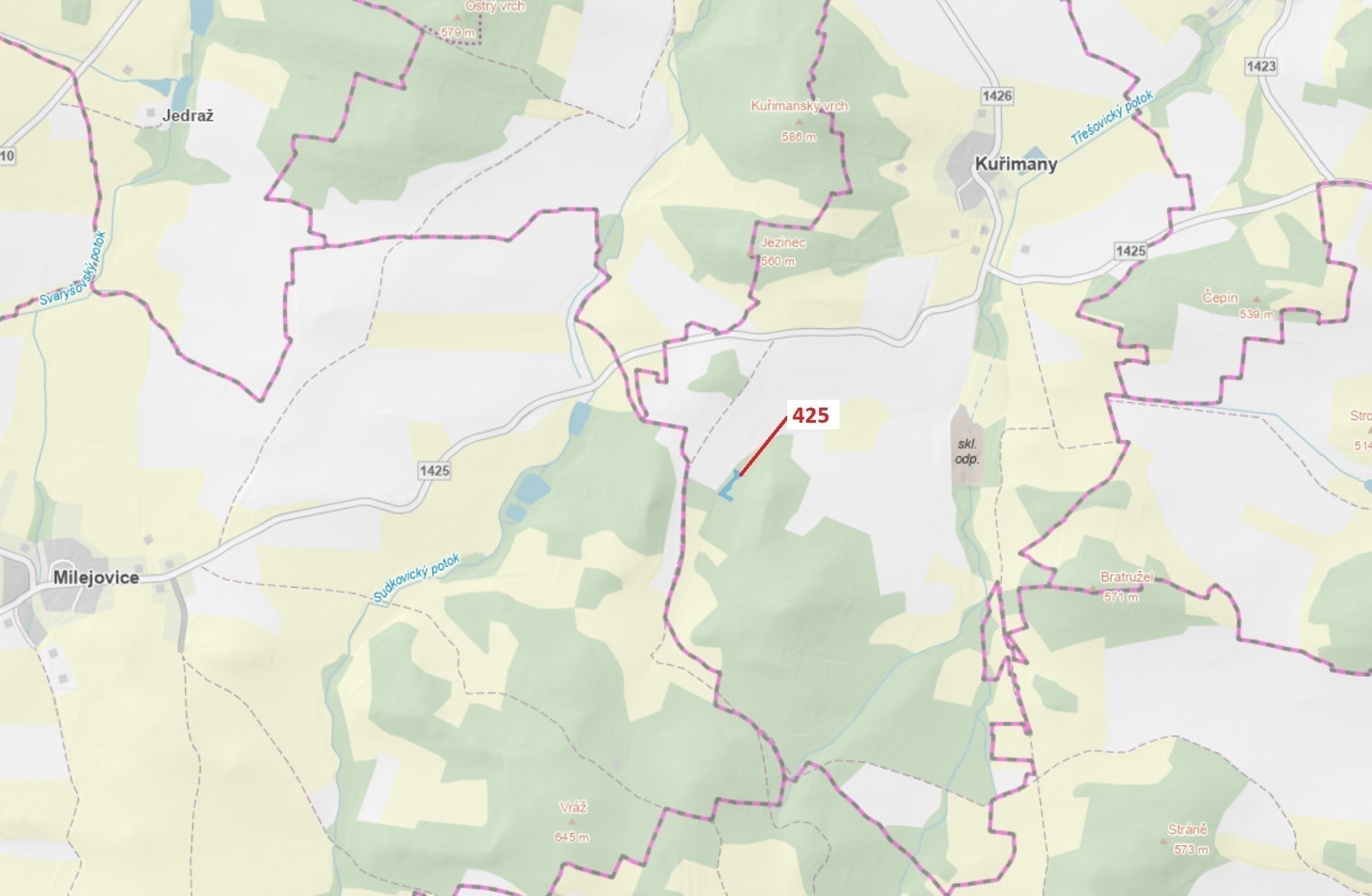 Lesní pozemek o výměře 1719 m2, podíl 1/1, katastrální území Kuřimany, obec Kuřimany, obec s rozšíře