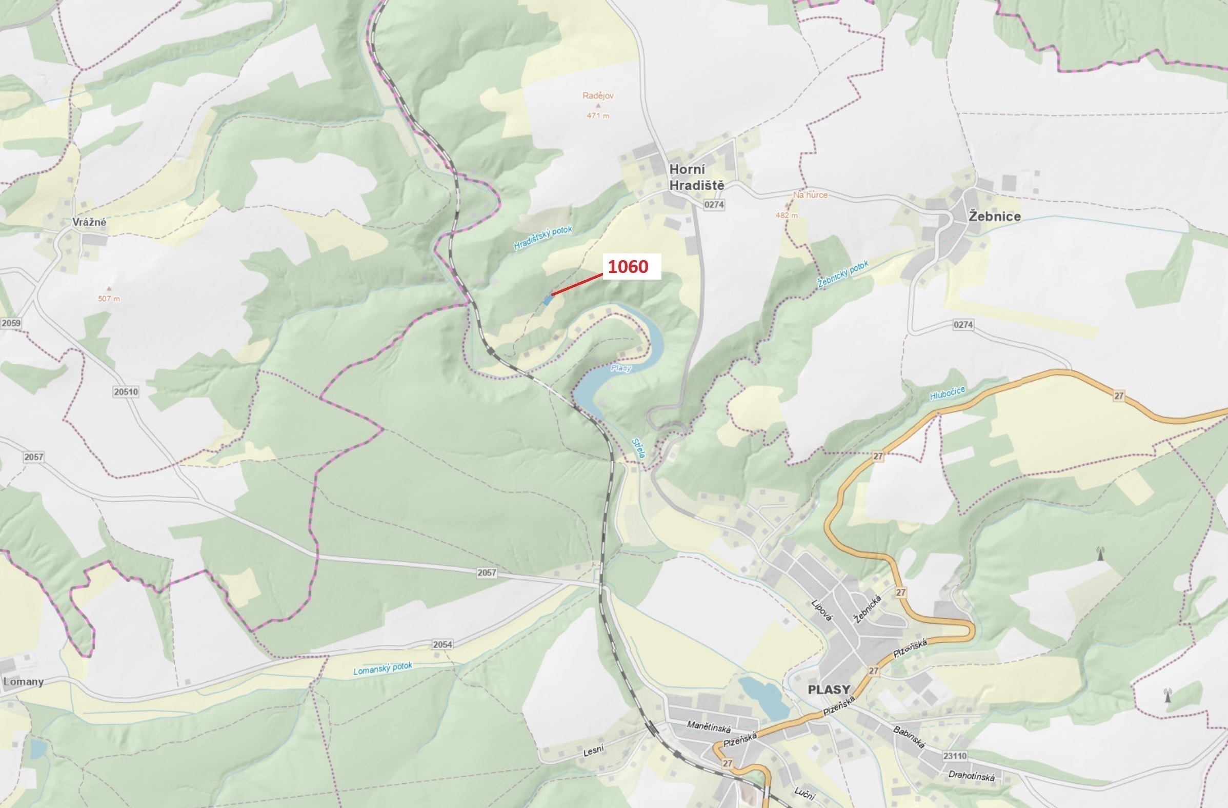 Lesní pozemek o výměře 1 462 m2, podíl 1/1, katastrální území Horní Hradiště, obec Plasy, obec s roz