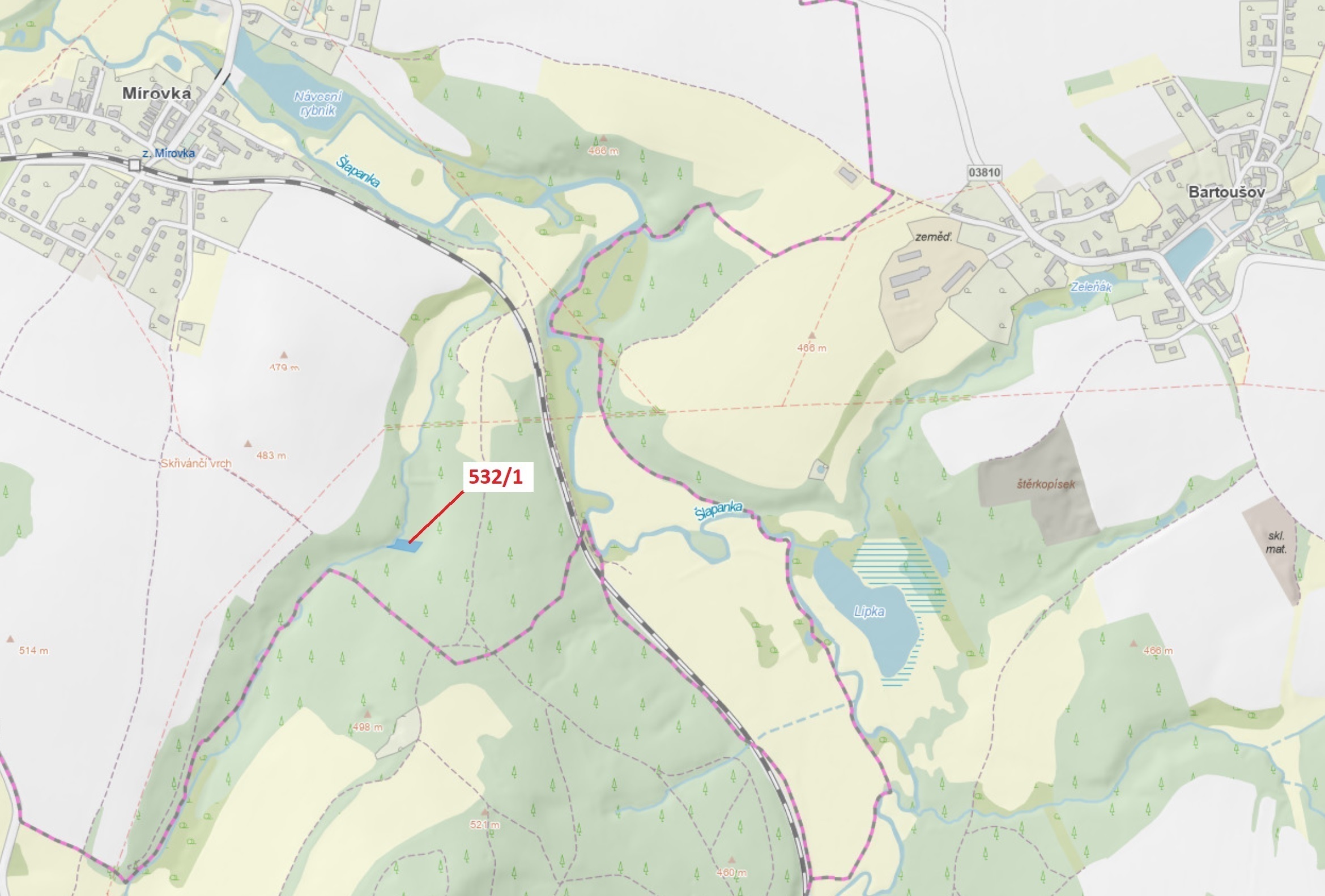 Lesní pozemek o výměře 870 m2, podíl 1/1, katastrální území Mírovka, obec Havlíčkův Brod, obec s roz
