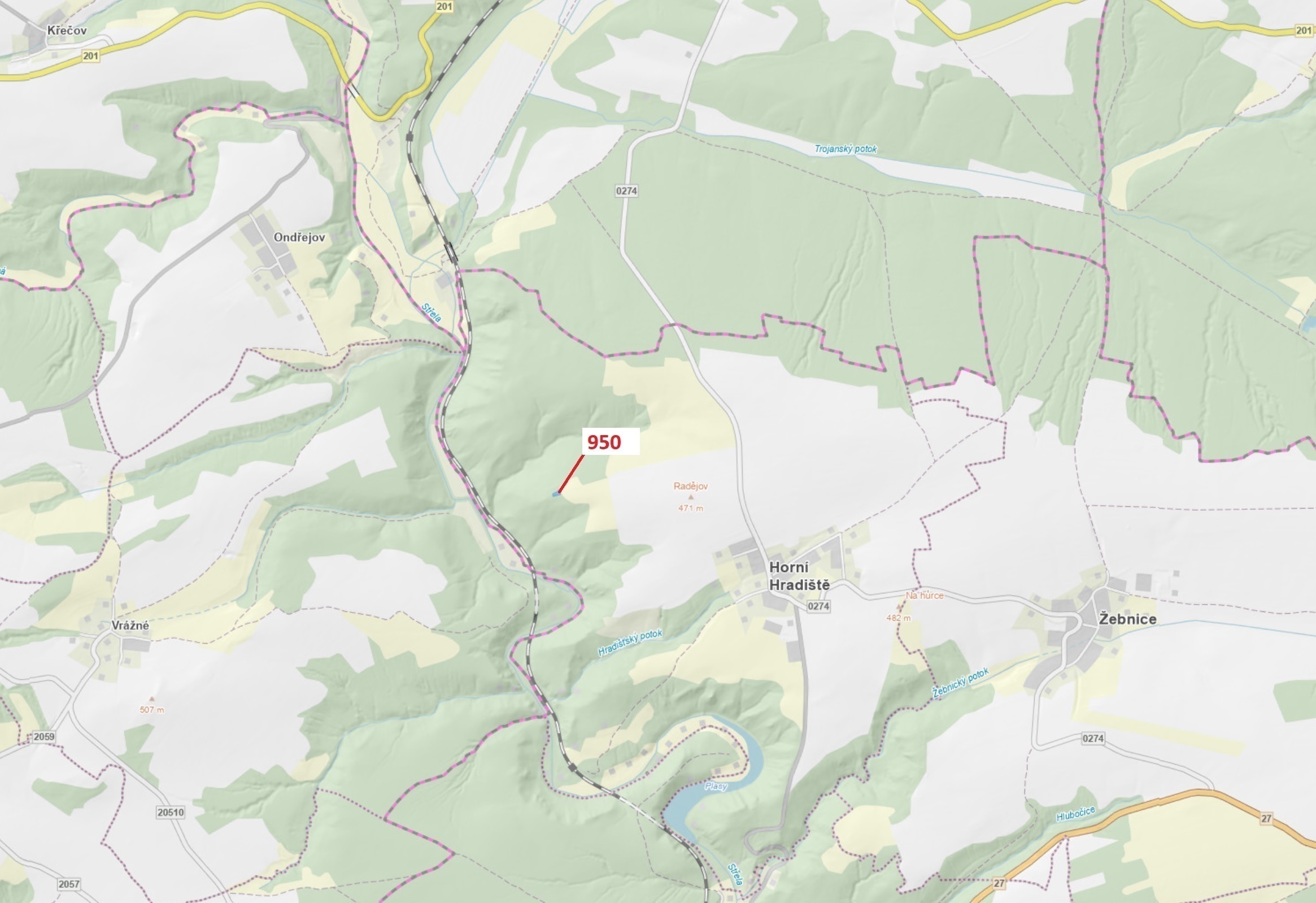 Lesní pozemek o výměře 564 m2, podíl 1/1, katastrální území Horní Hradiště, obec Plasy, obec s rozší
