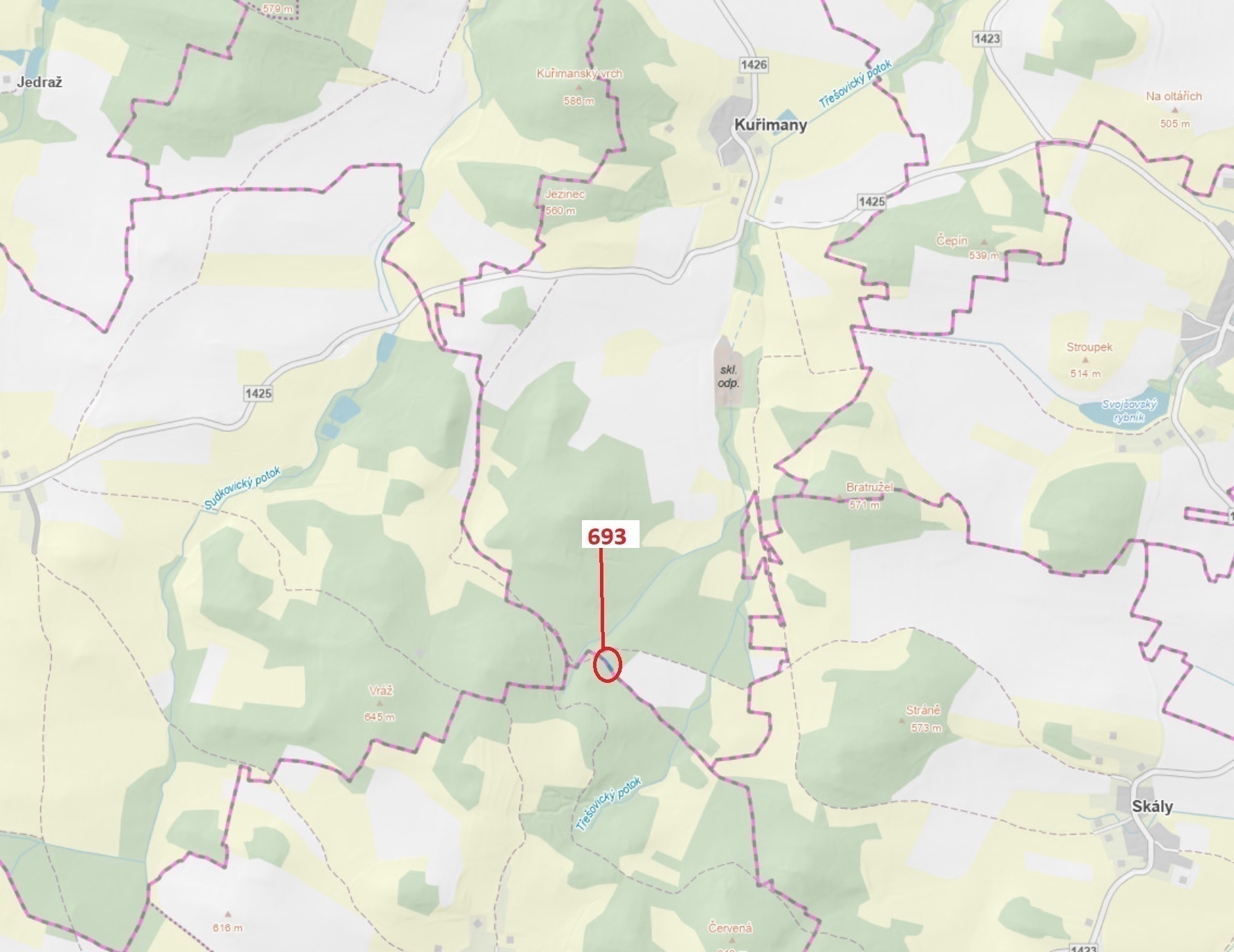Lesní pozemek o výměře 398 m2, podíl 1/1, katastrální území Kuřimany, obec Kuřimany, obec s rozšířen