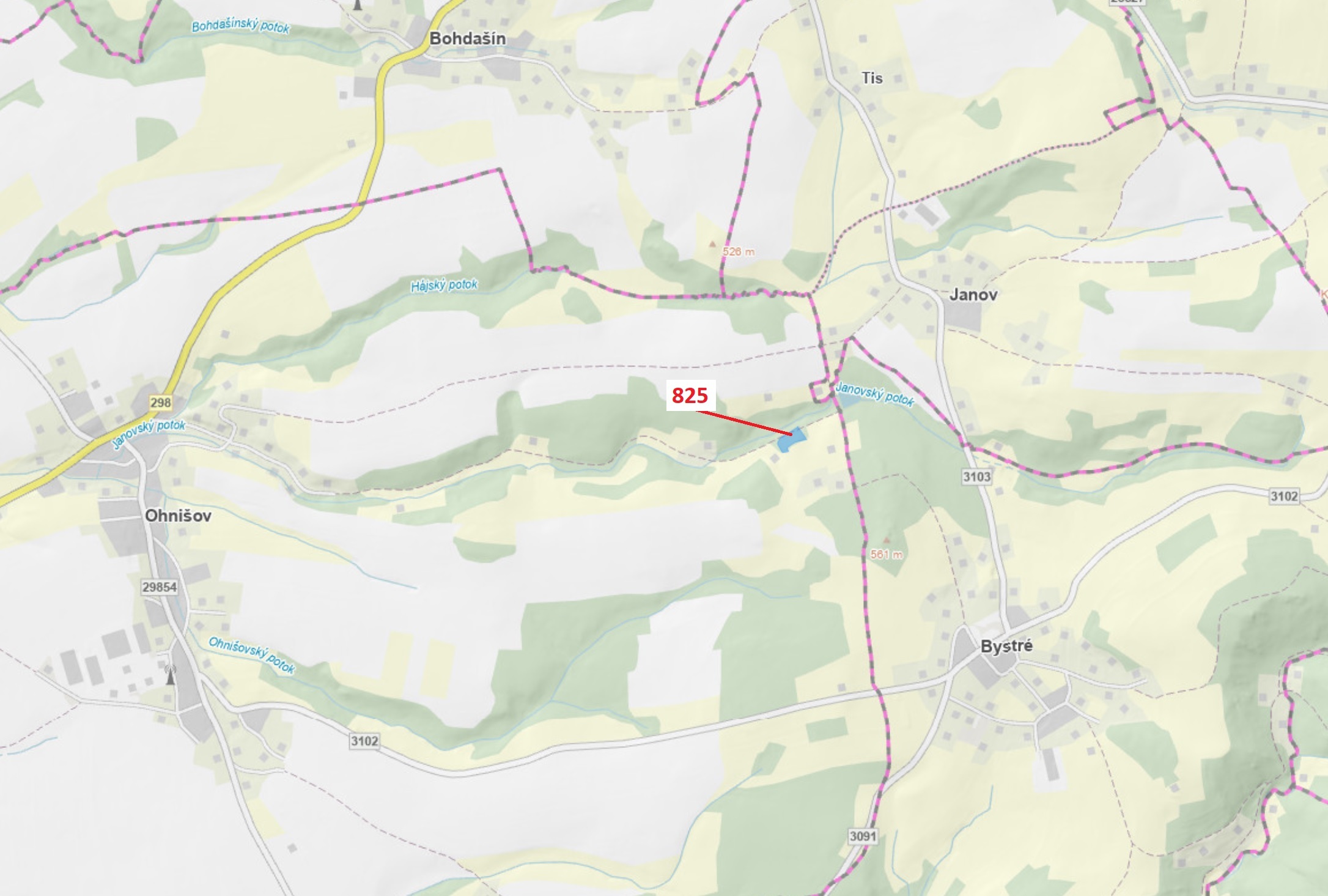 Lesní pozemek o výměře 4071 m2, podíl 1/1, katastrální území Ohnišov, obec Ohnišov, obec s rozšířeno