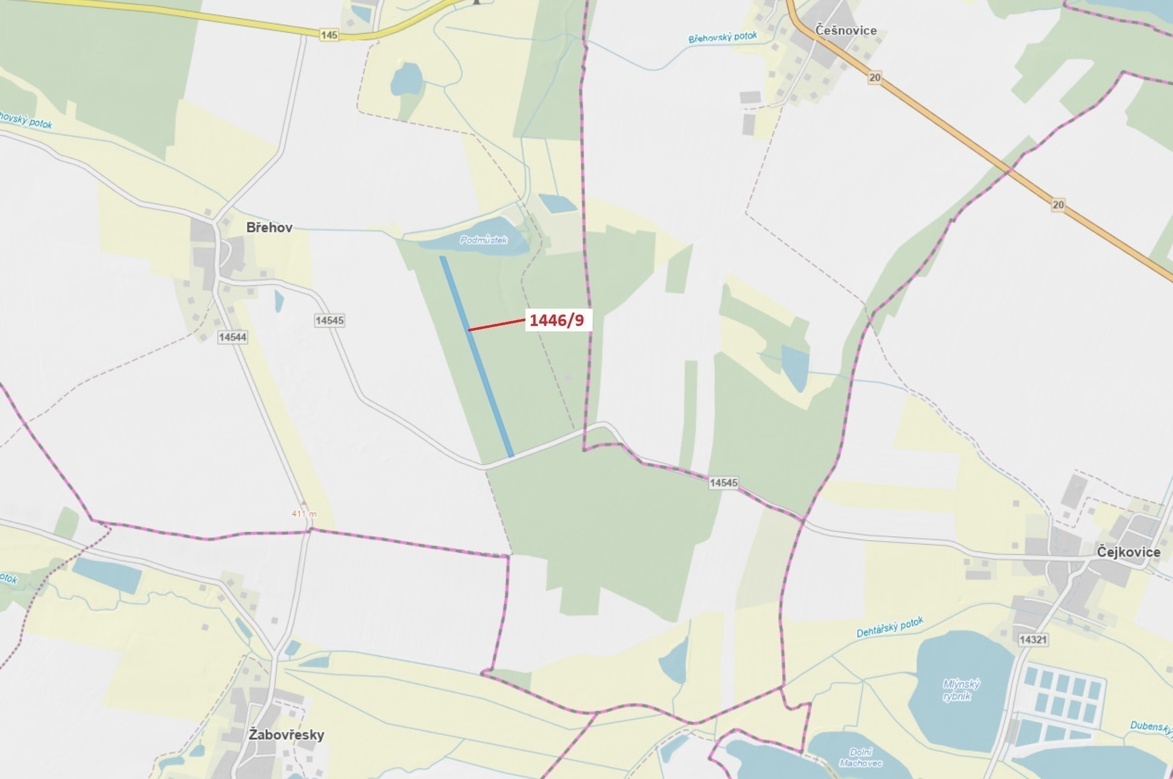 Lesní pozemek o výměře 19 879 m2, podíl 1/1, katastrální území Břehov, obec Břehov, obec s rozšířeno