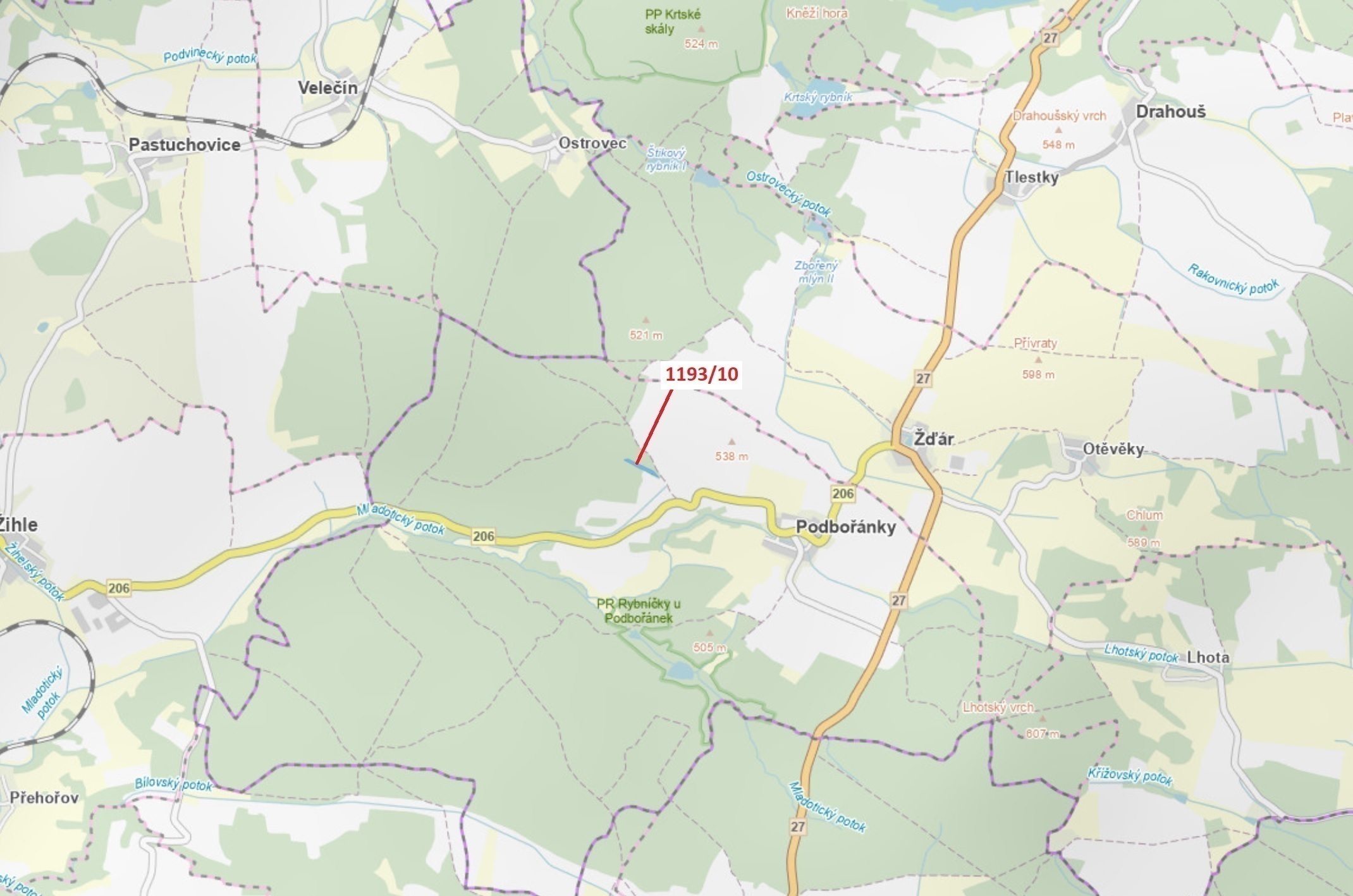 Lesní pozemek o výměře 4 694 m2, podíl 1/1, katastrální území Podbořánky, obec Jesenice, obec s rozš