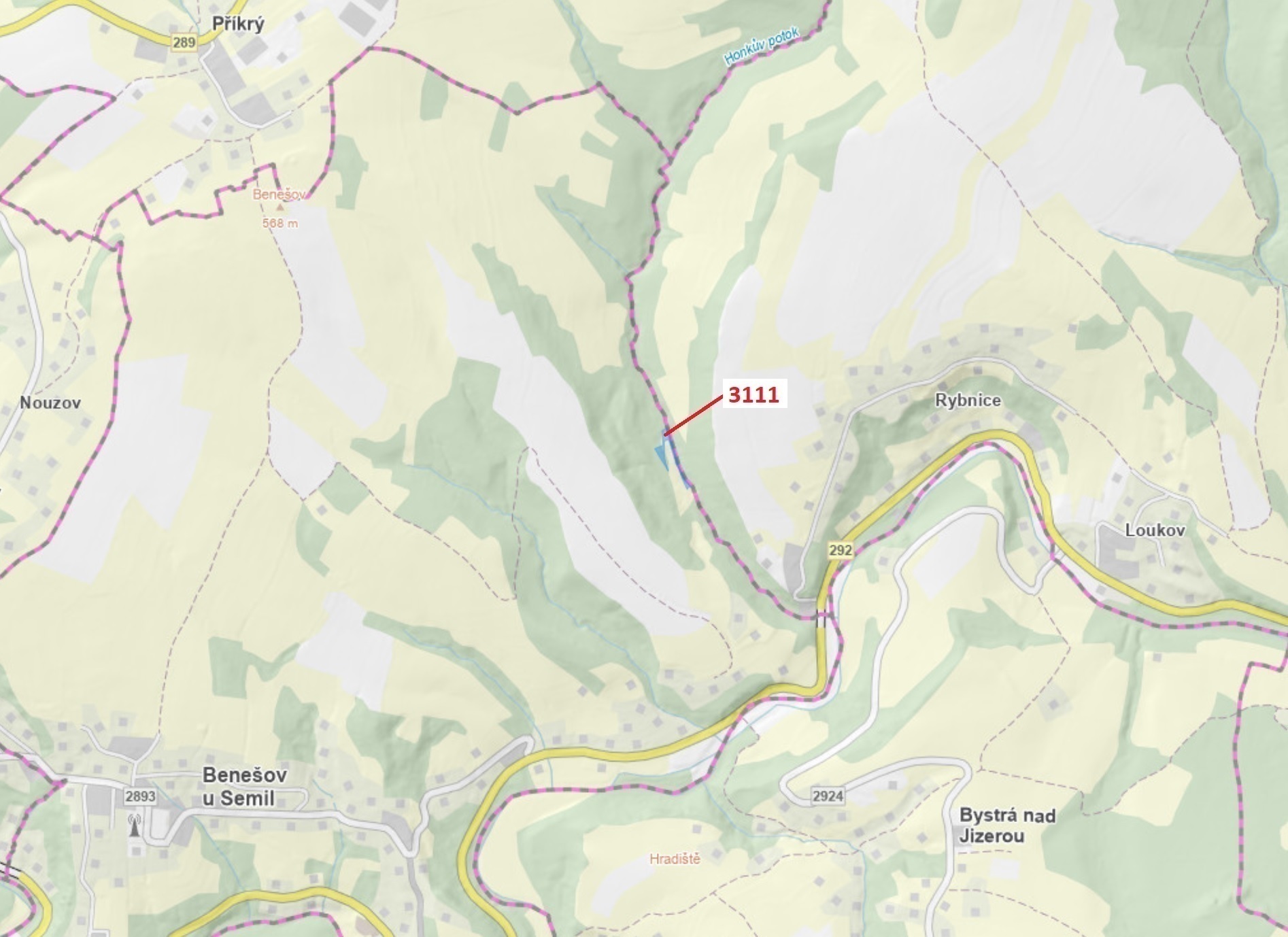 Lesní pozemek o výměře 2 958 m2, podíl 1/1, katastrální území Benešov u Semil, obec Benešov u Semil,