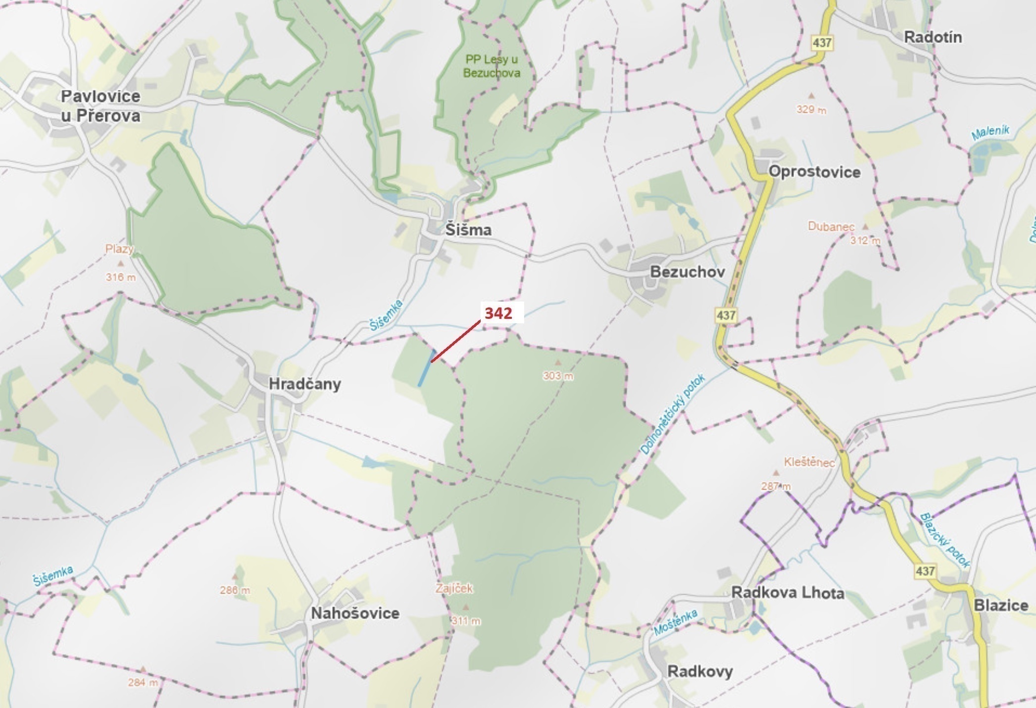 Lesní pozemek o výměře 5428 m2, podíl 1/1, katastrální území Hradčany na Moravě, obec Hradčany, obec