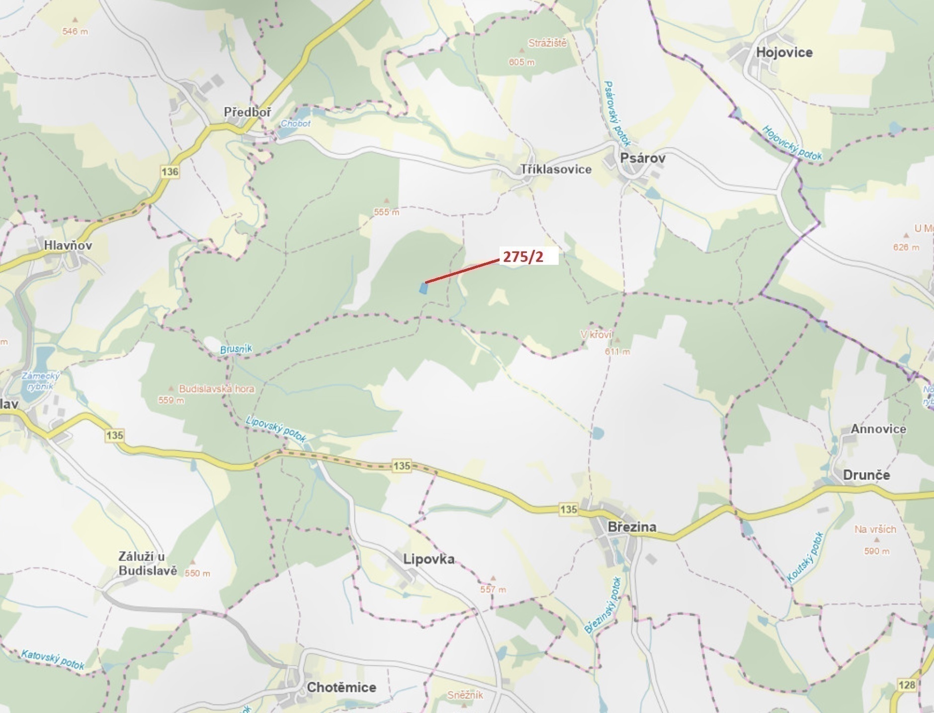 Lesní pozemek o výměře 4568 m2, podíl 1/1, katastrální území Tříklasovice, obec Psárov, obec s rozší