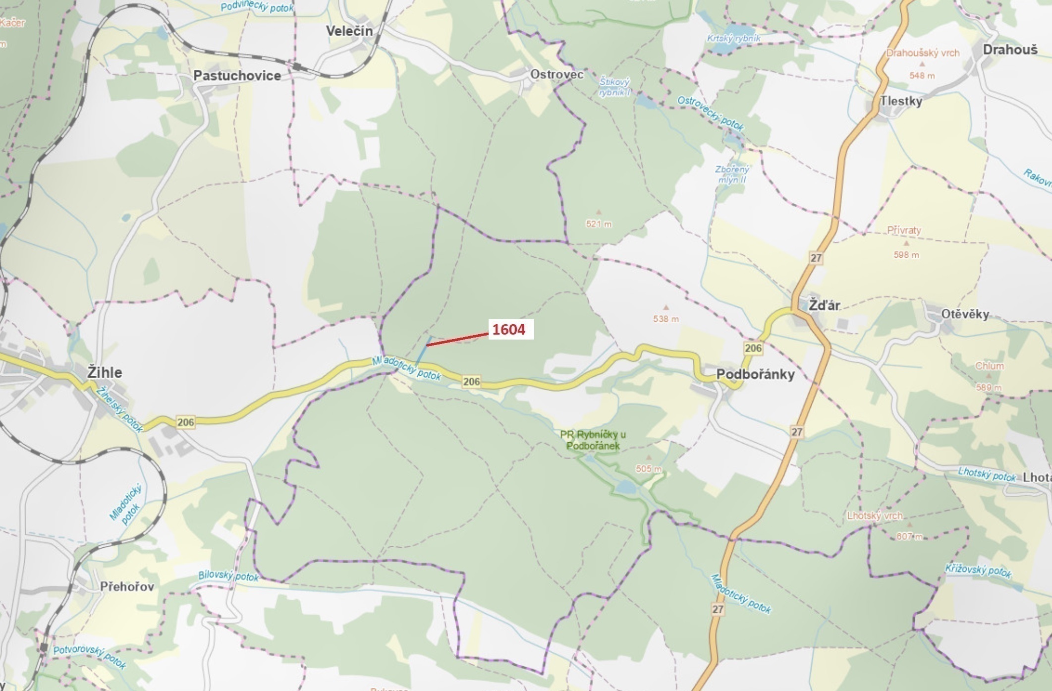 Lesní pozemek o výměře 4076 m2, podíl 1/1, katastrální území Podbořánky, obec Jesenice, obec s rozší