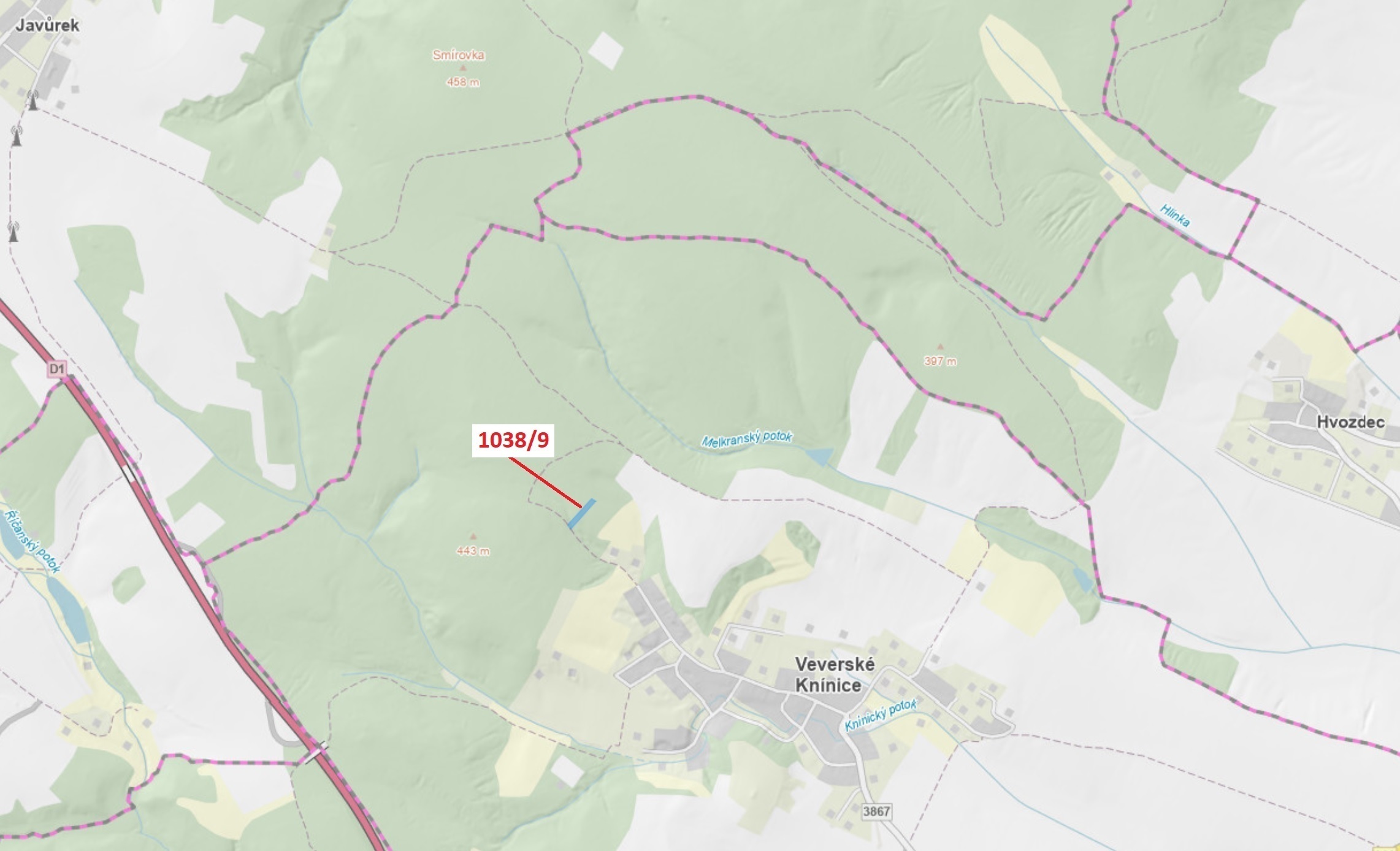 Lesní pozemek o výměře 2213 m2, podíl 1/1, katastrální území Veverské Knínice, obec Veverské Knínice