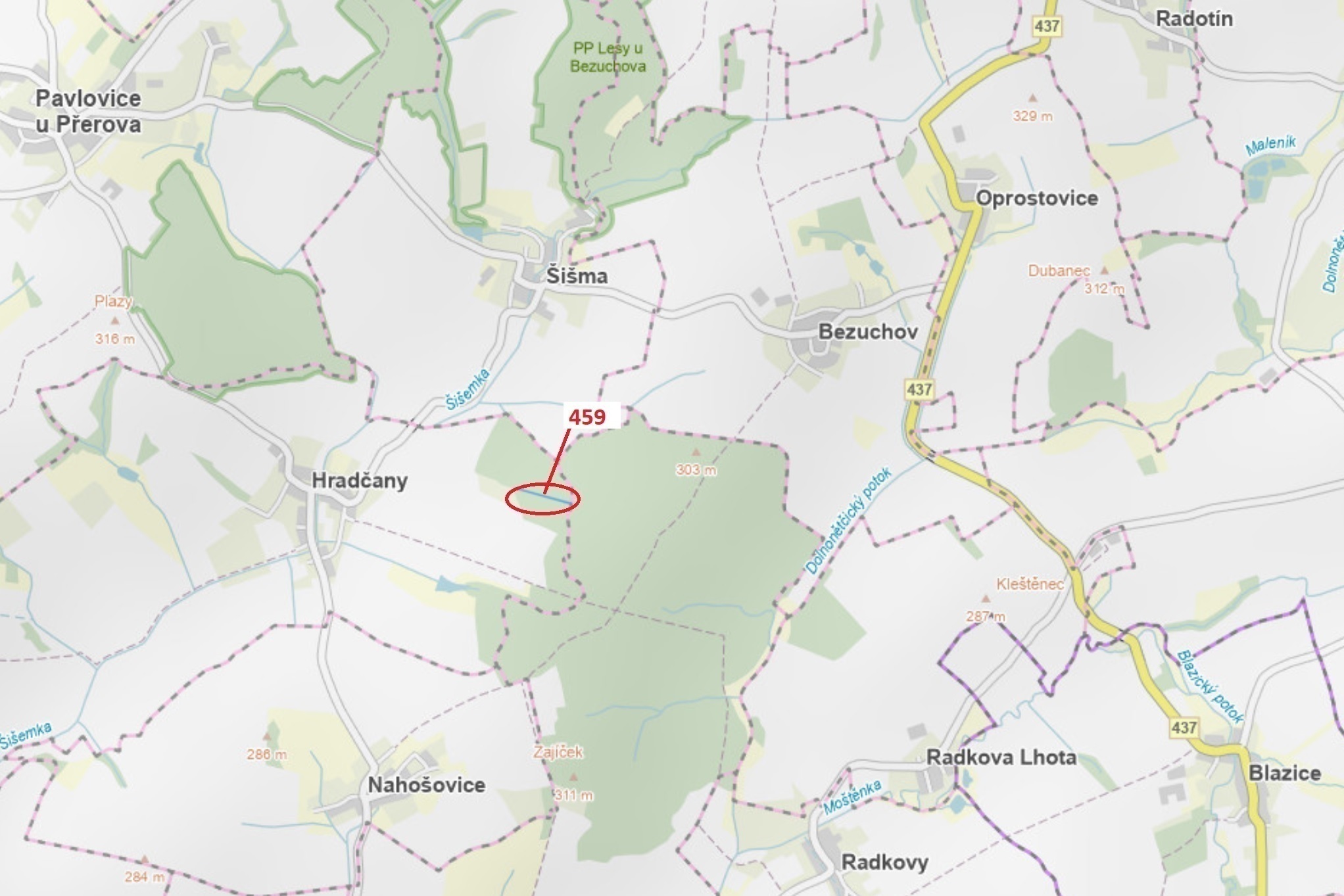 Lesní pozemek o výměře 1895 m2, podíl 1/1, katastrální území Hradčany na Moravě, obec Hradčany, obec