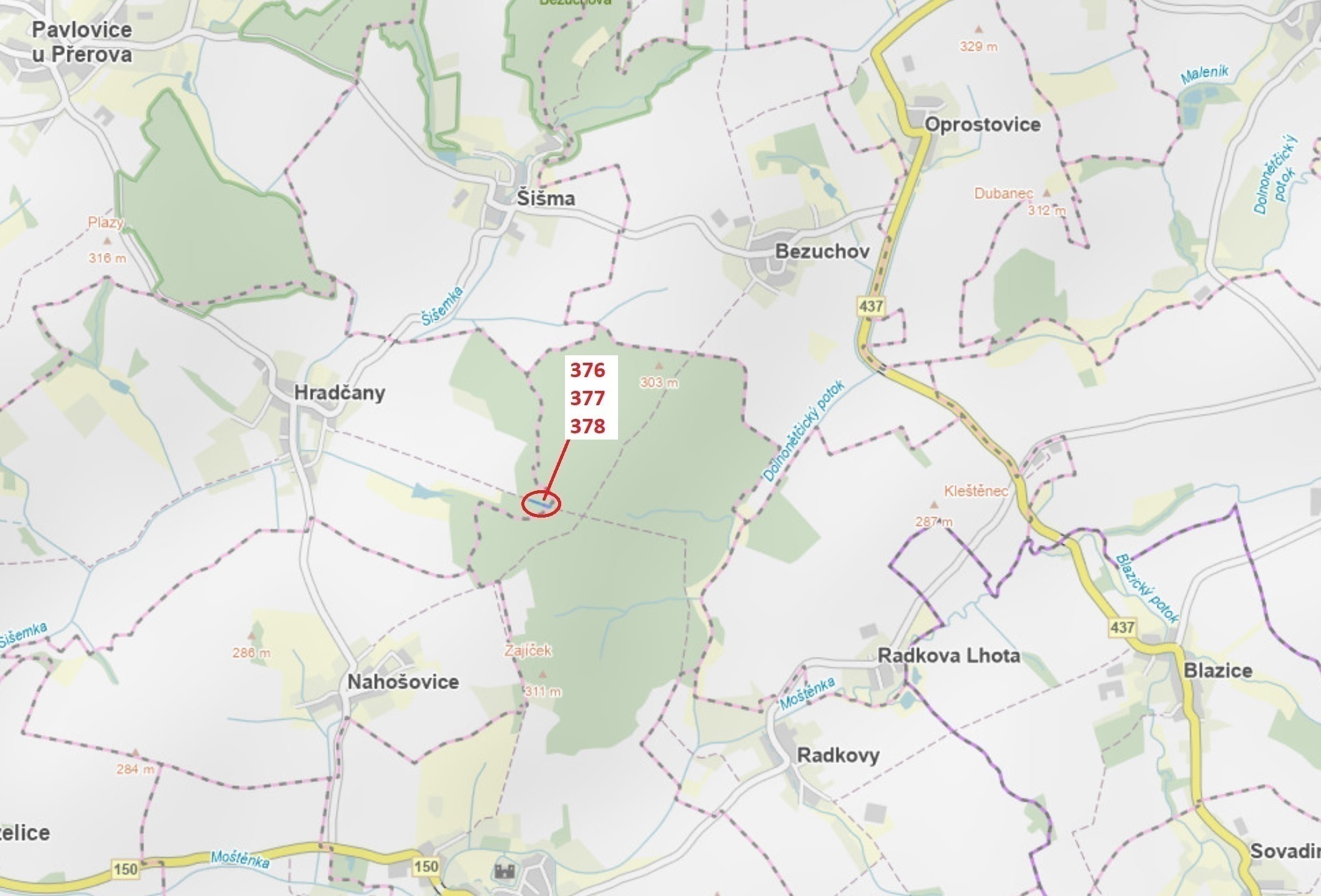 Lesní pozemky o výměře 1703 m2, podíl 1/1, katastrální území Hradčany na Moravě, obec Hradčany, obec