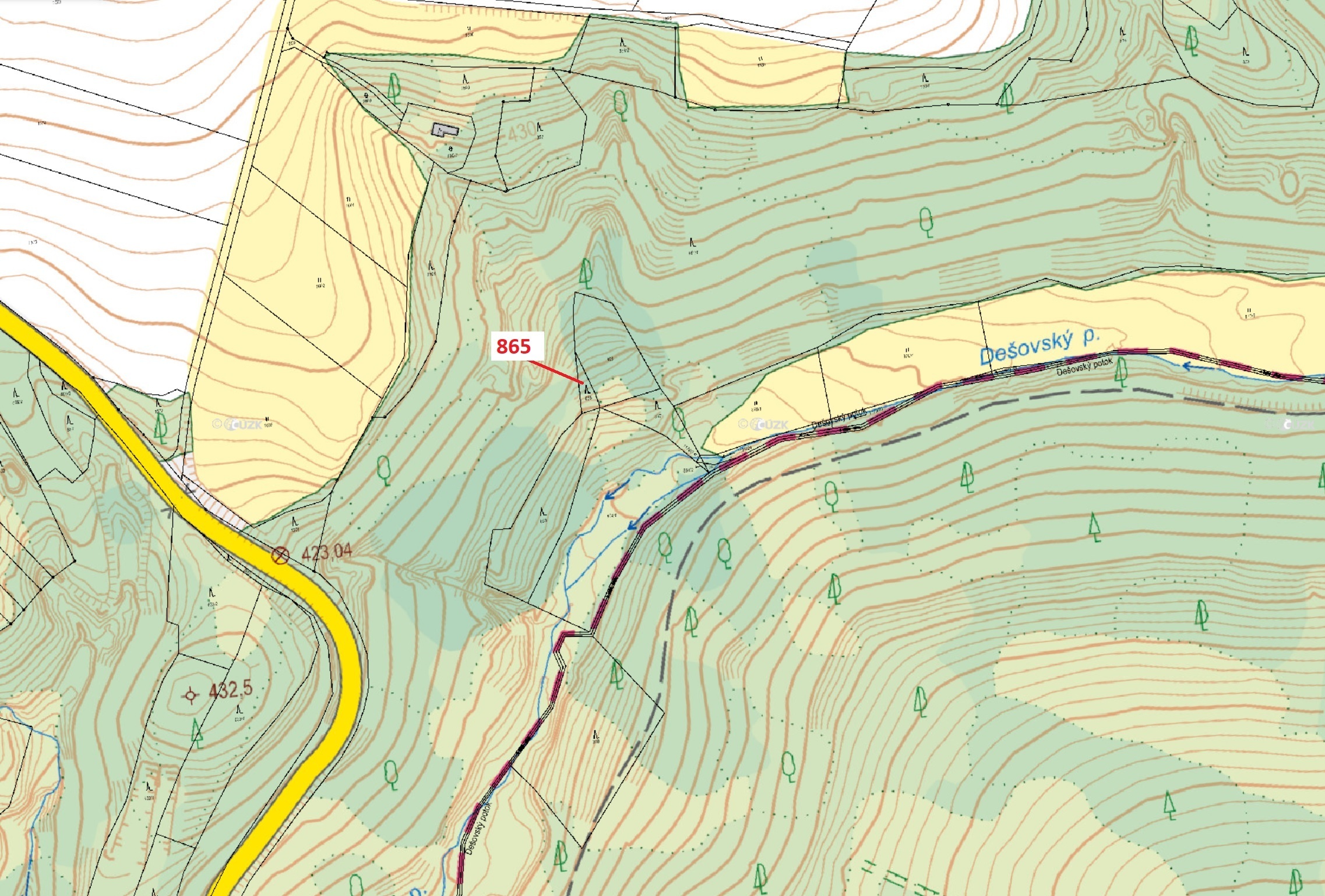 Lesní pozemek o výměře 111 m2, podíl 1/1, katastrální území Malý Dešov, obec Dešov, obec s rozšířeno