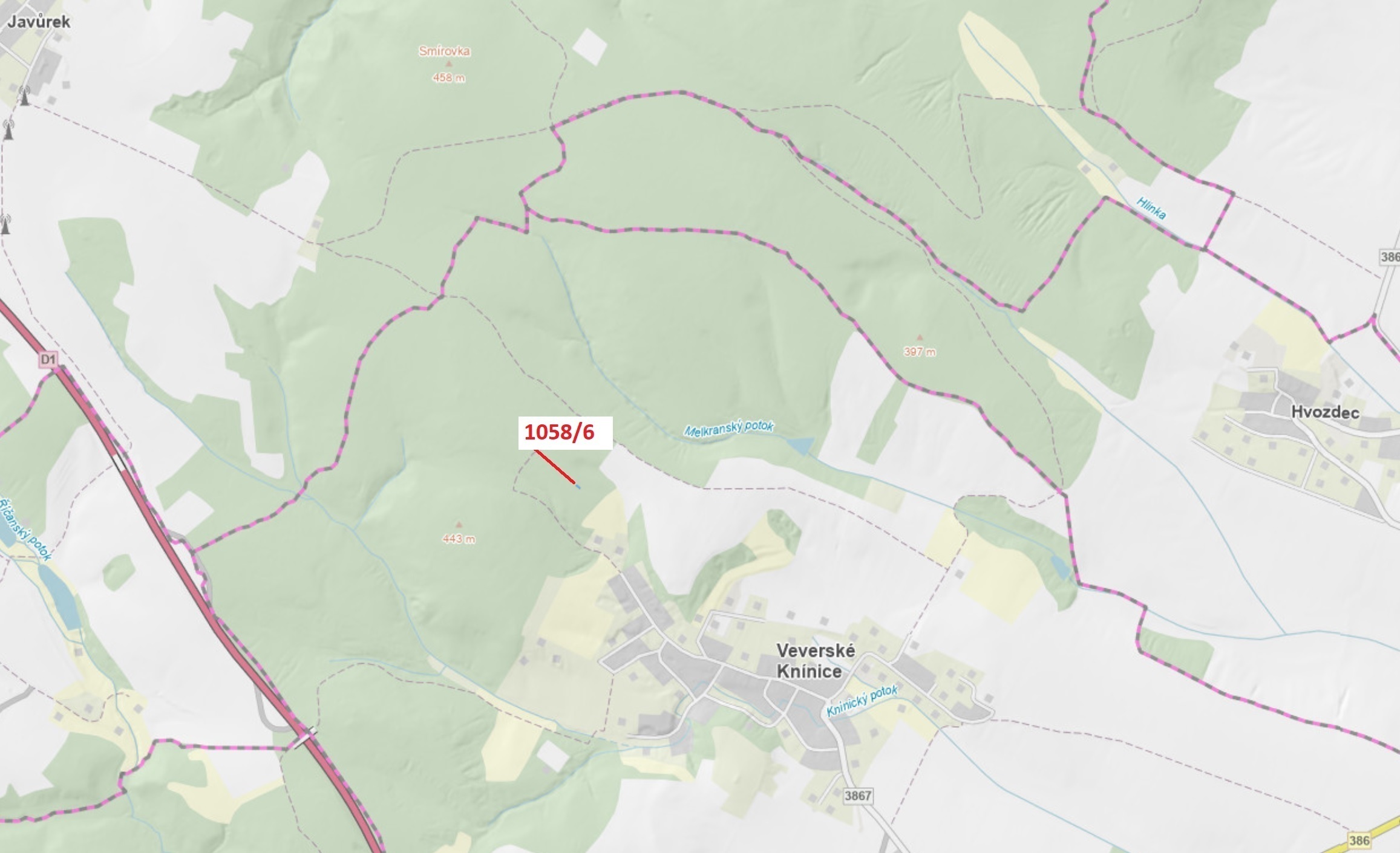 Lesní pozemek o výměře 77 m2, podíl 1/1, katastrální území Veverské Knínice, obec Veverské Knínice, 