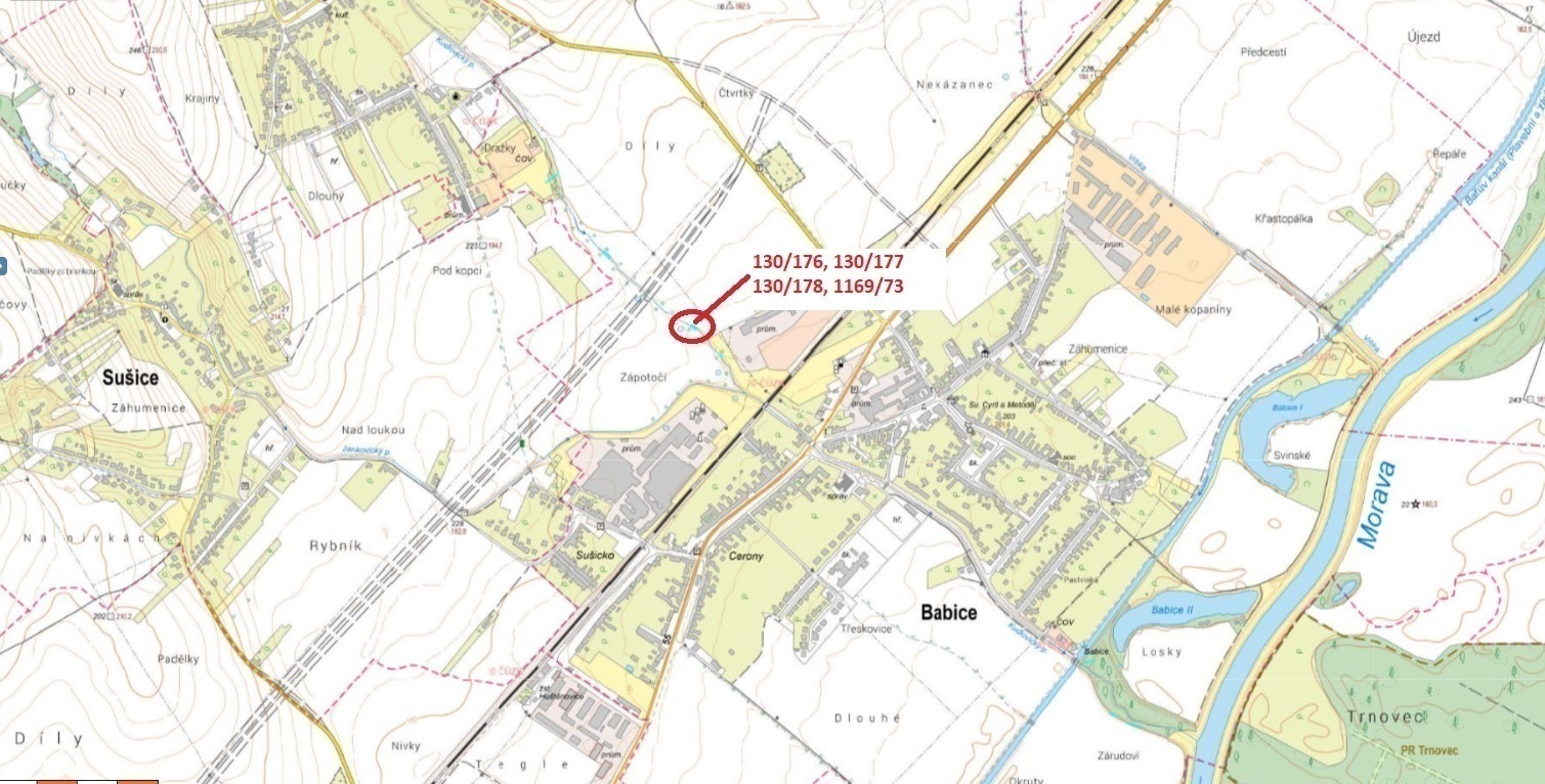 Vodní plochy a orná půda o výměře 174 m2, podíl 1/1, katastrální území Babice u Uherského Hradiště, 