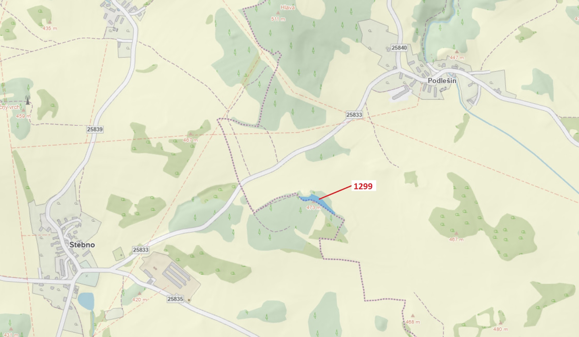 Lesní pozemek o výměře 2275 m2, podíl 1/1, katastrální území Podlešín u Stebna, obec Stebno, obec s 