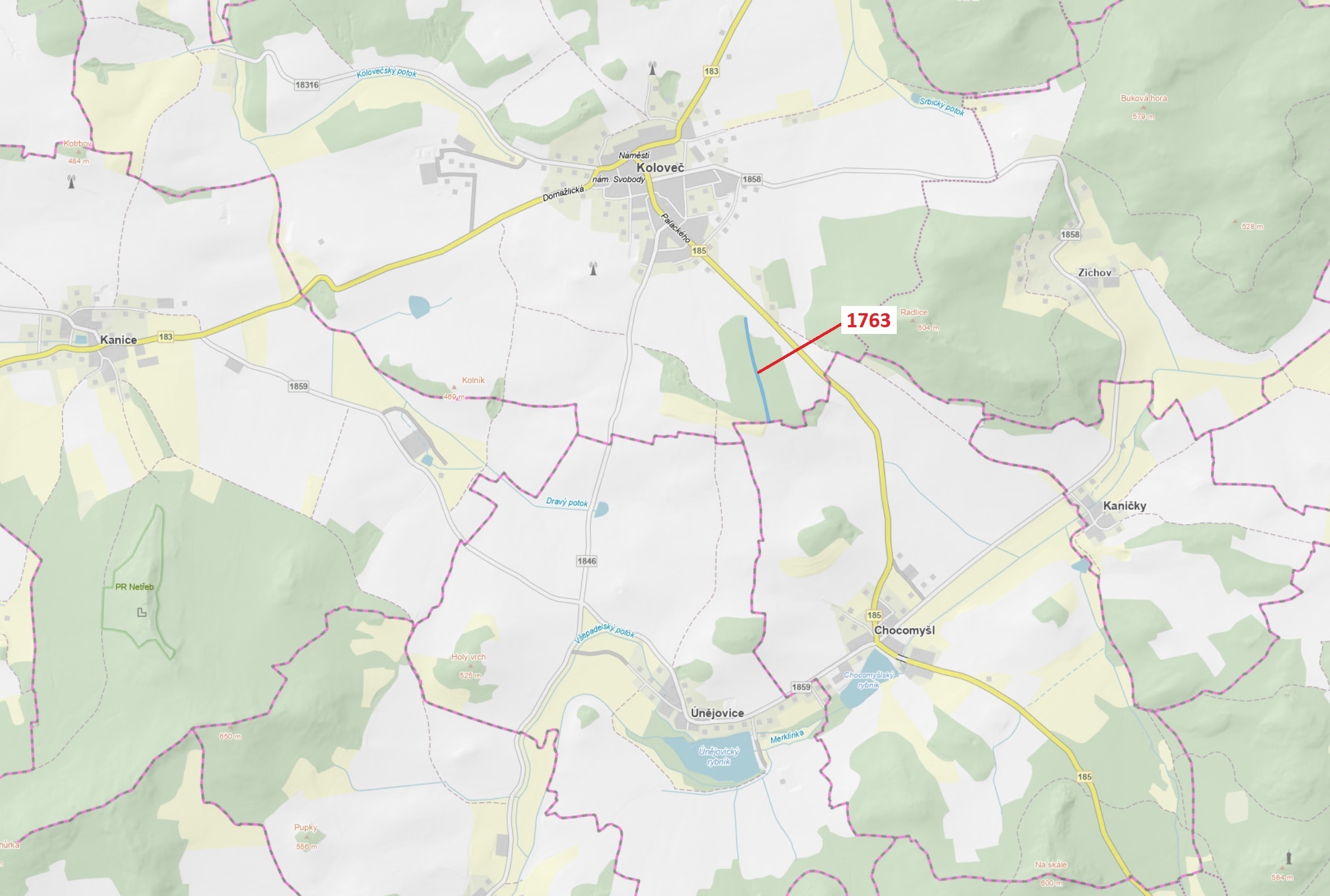 Lesní pozemek o výměře 7329 m2, podíl 1/1, katastrální území Koloveč, obec Koloveč, obec s rozšířeno