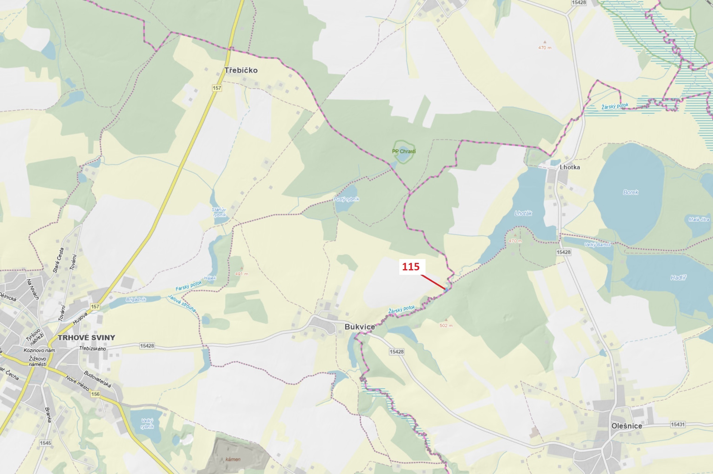 Lesní pozemek o výměře 590 m2, podíl 1/1, katastrální území Bukvice u Trhových Svinů, obec Trhové Sv