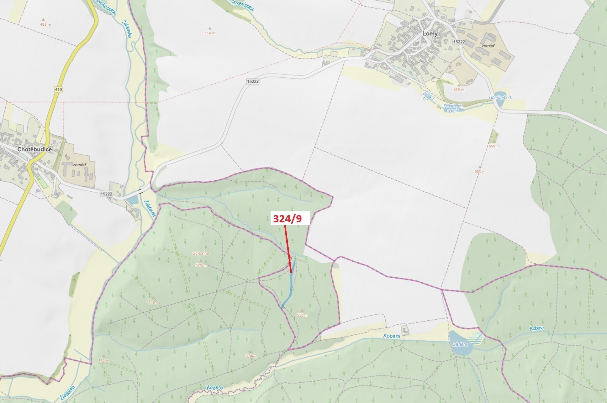 Lesní pozemek o výměře 1978 m2, podíl 1/1, katastrální území Chotěbudice, obec Chotěbudice, obec s r