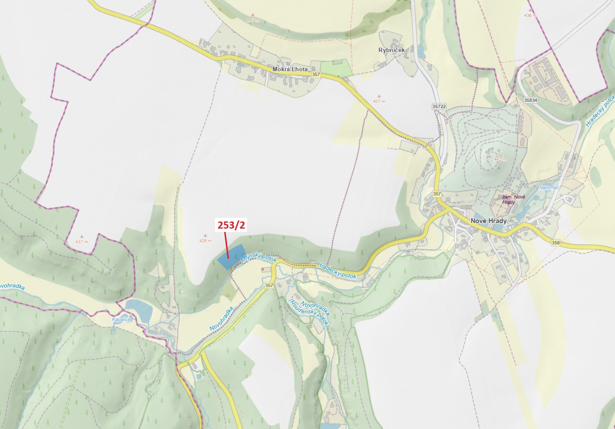 Lesní pozemek o výměře 7263 m2, podíl 1/1, katastrální území Mokrá Lhota, obec Nové Hrady, obec s ro