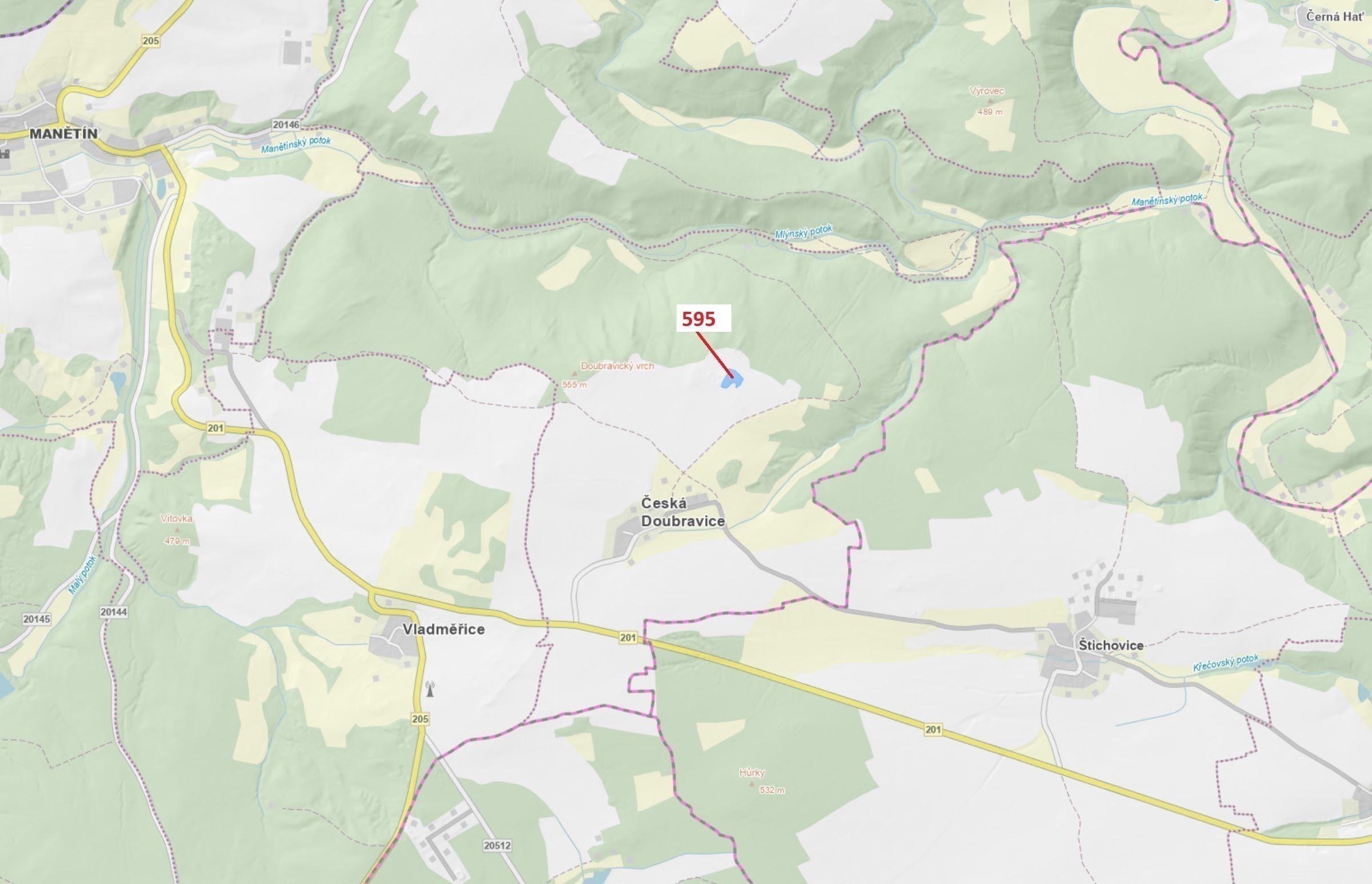 Lesní pozemek o výměře 4 801 m2, podíl 1/1, katastrální území Česká Doubravice, obec Manětín, obec s