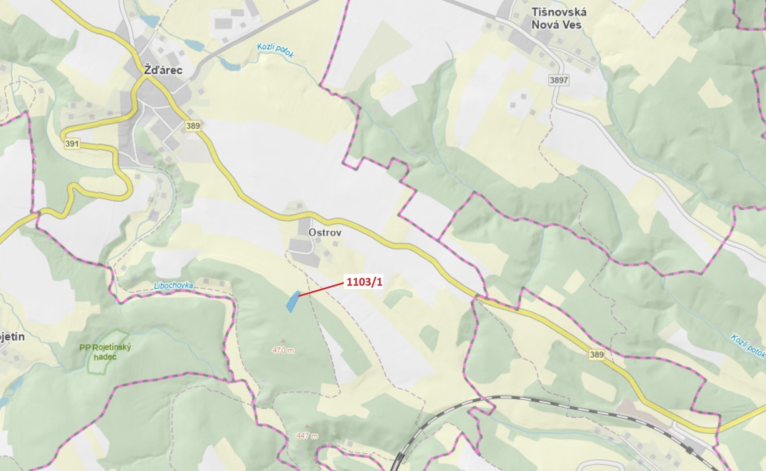Lesní pozemek o výměře 3474 m2, podíl 1/1, katastrální území Žďárec, obec Žďárec, obec s rozšířenou 