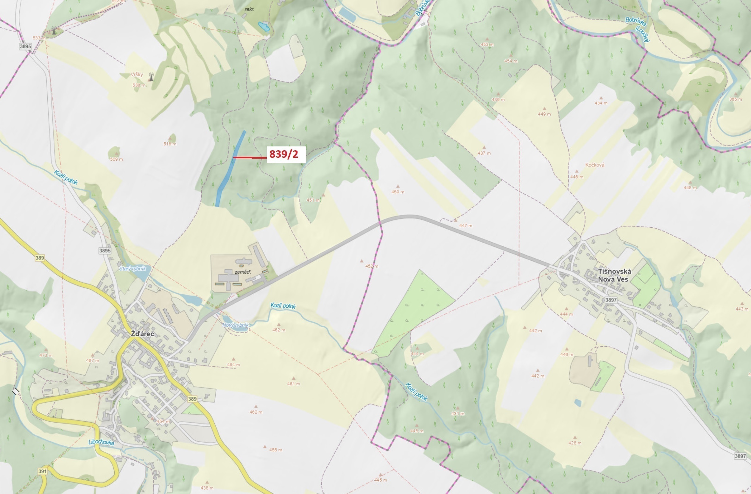 Lesní pozemek o výměře 5465 m2, podíl 1/1, katastrální území Žďárec, obec Žďárec, obec s rozšířenou 