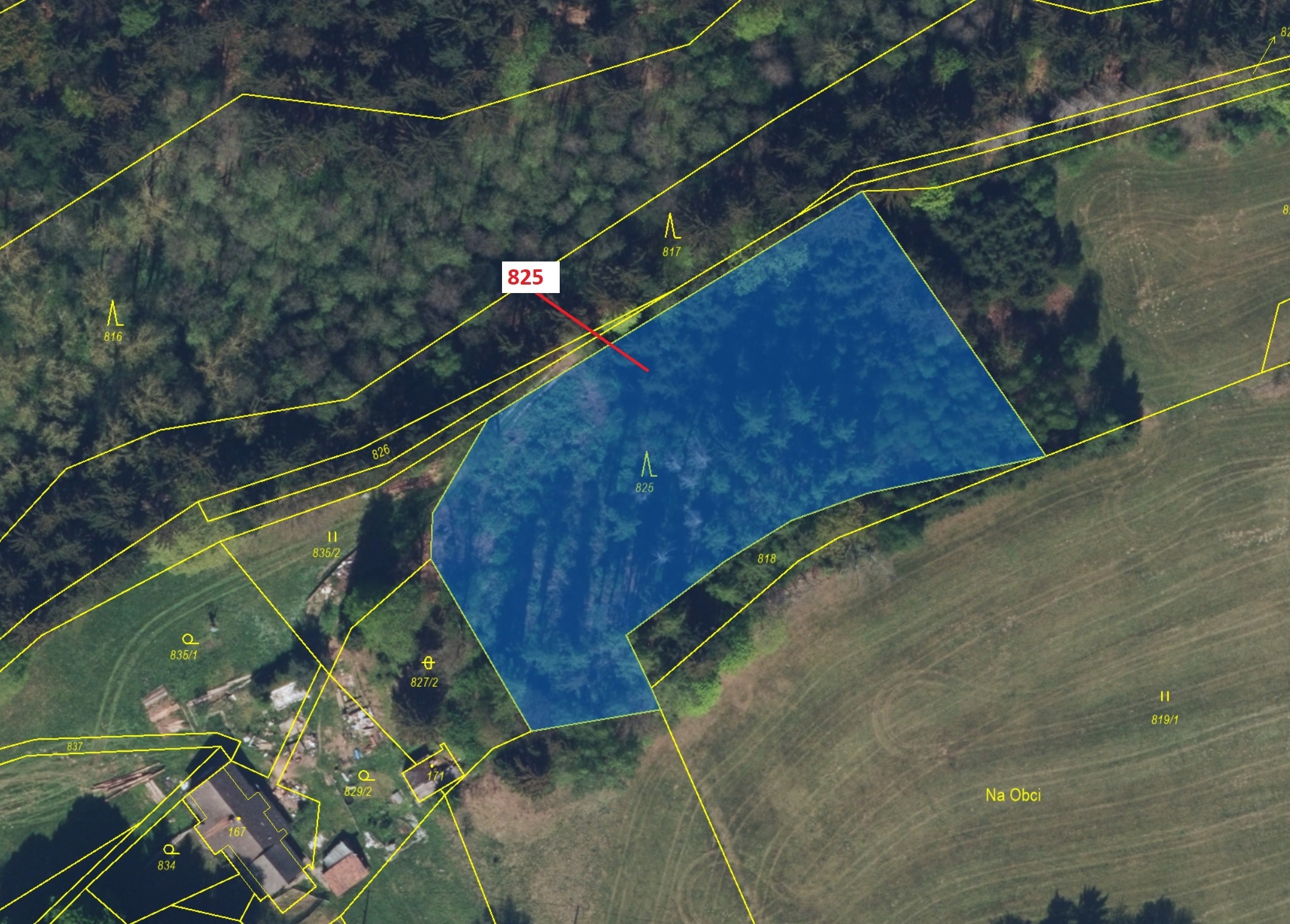 Lesní pozemek o výměře 4071 m2, podíl 1/1, katastrální území Ohnišov, obec Ohnišov, obec s rozšířeno