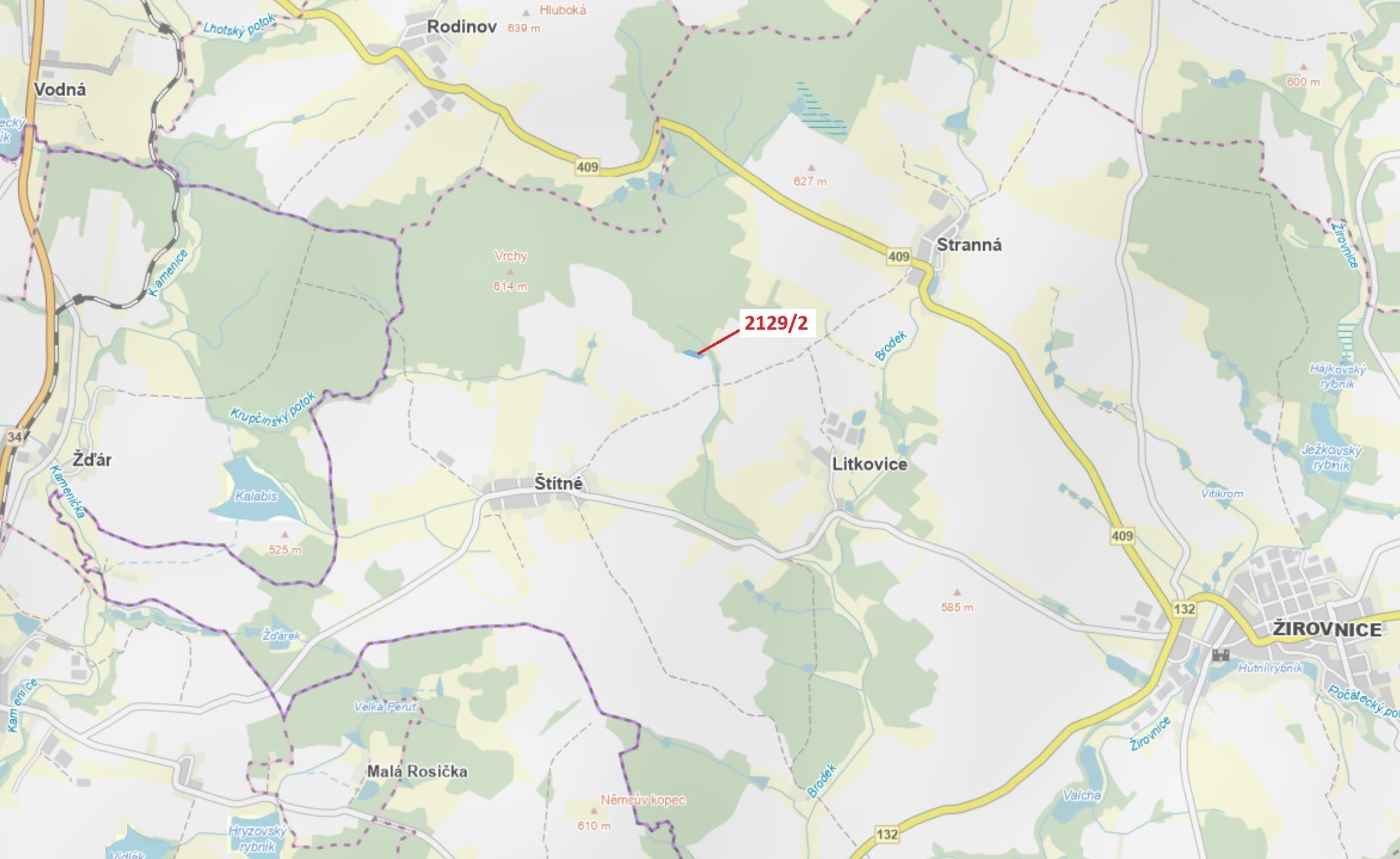 Lesní pozemek o výměře 3636 m2, podíl 1/1, katastrální území Štítné, obec Žirovnice, obec s rozšířen