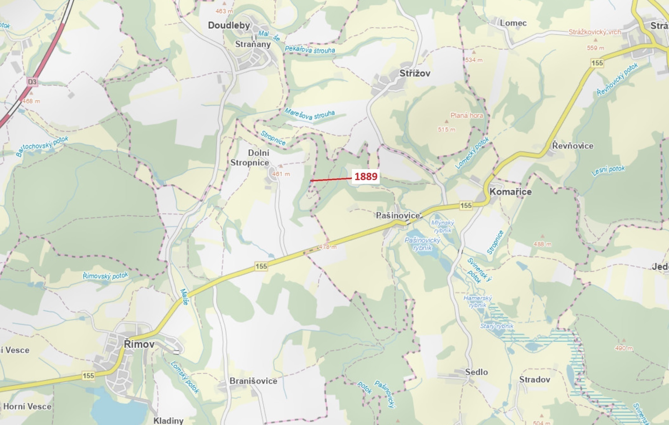 Lesní pozemek o výměře 365 m2, podíl 1/1, katastrální území Dolní Stropnice, obec Římov, obec s rozš