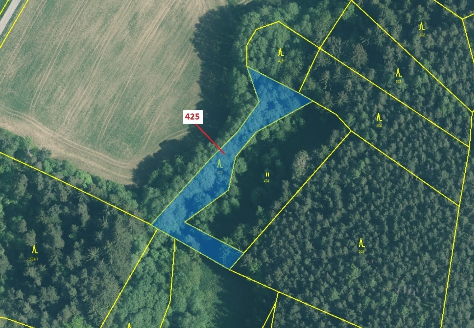 Lesní pozemek o výměře 1719 m2, podíl 1/1, katastrální území Kuřimany, obec Kuřimany, obec s rozšíře