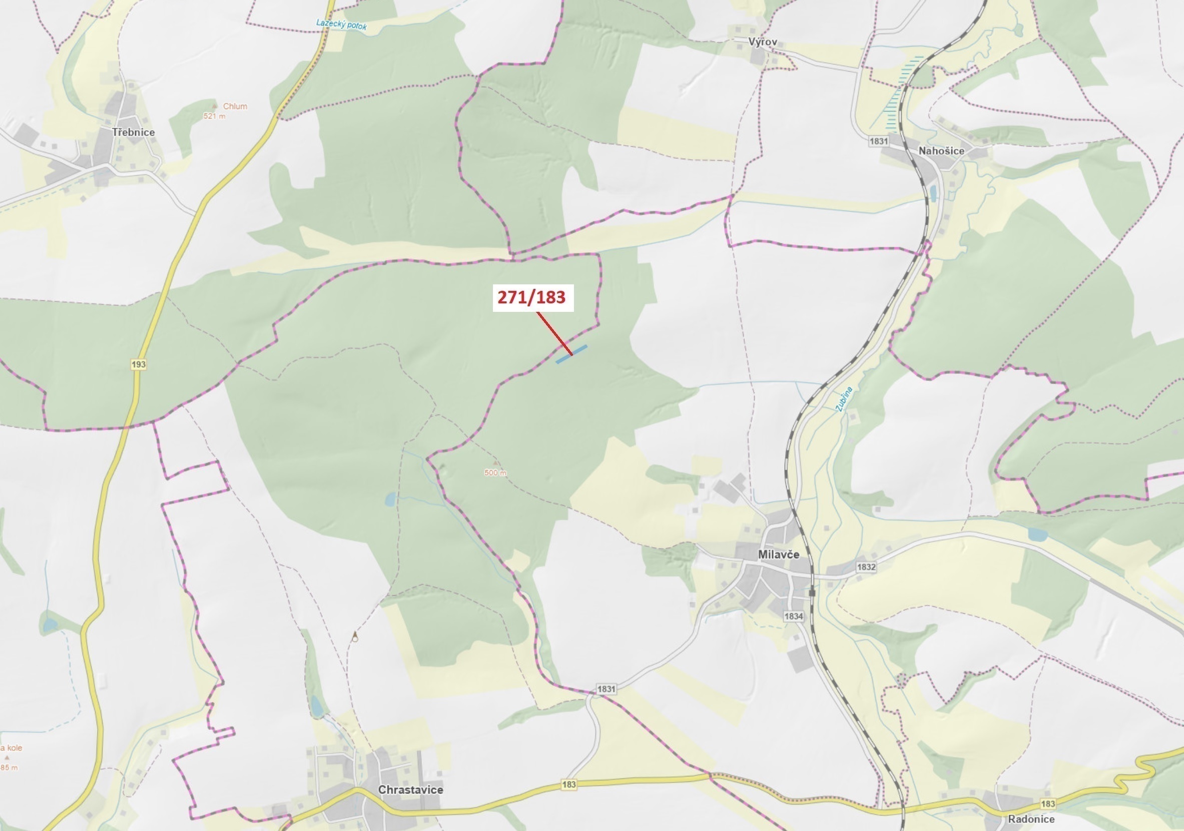 Lesní pozemek o výměře 2 398 m2, podíl 1/1, katastrální území Milavče, obec Milavče, obec s rozšířen