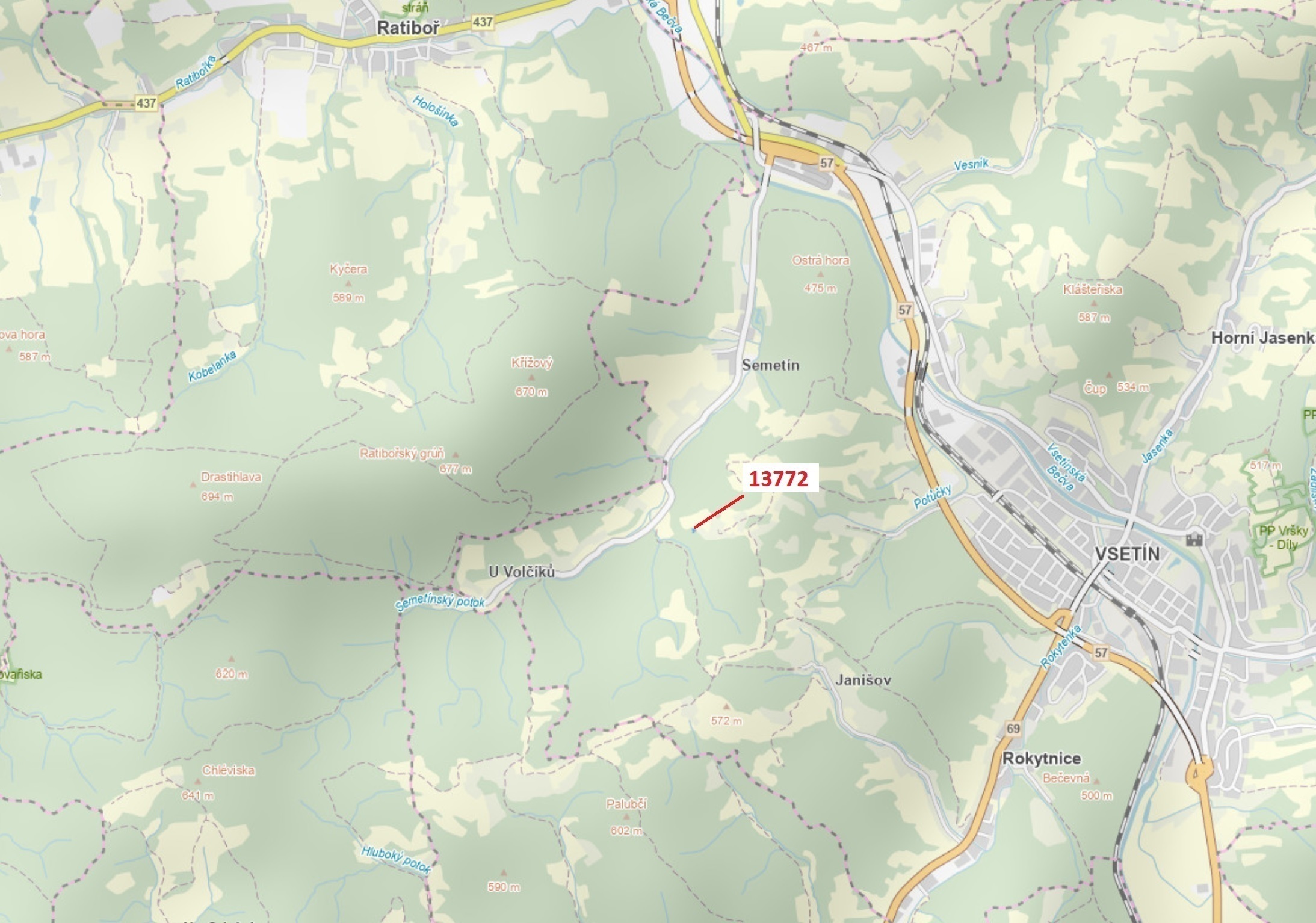 Trvalý travní porost o výměře 404 m2, podíl 1/1, katastrální území Vsetín, obec Vsetín, obec s rozší