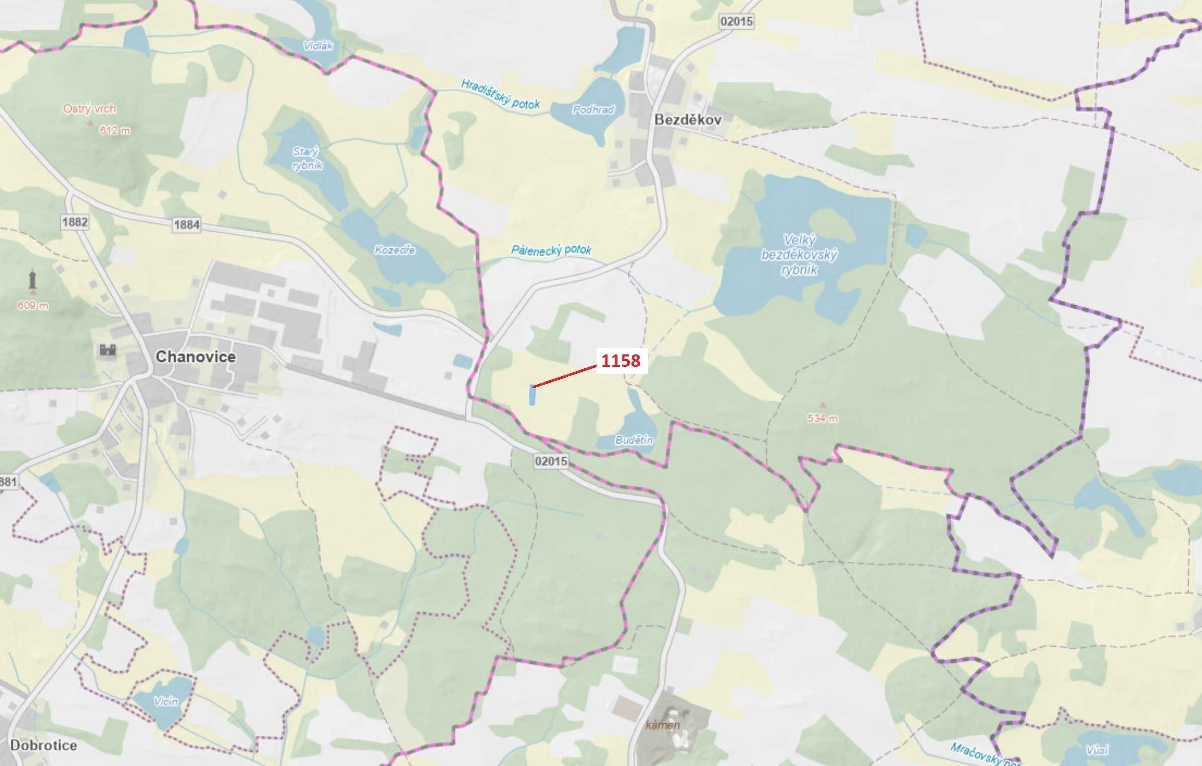 Lesní pozemek o výměře 1 323 m2, podíl 1/1, katastrální území Bezděkov u Kasejovic, obec Hradiště, o