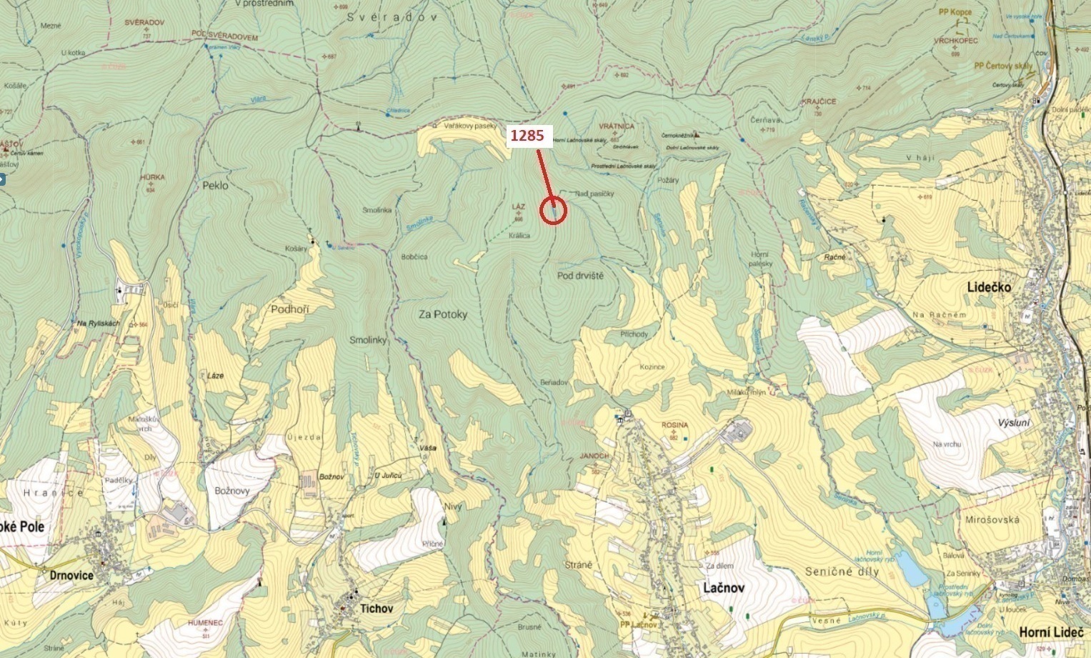 Lesní pozemek o výměře 849 m2, podíl 1/1, katastrální území Lačnov, obec Lačnov, obec s rozšířenou p