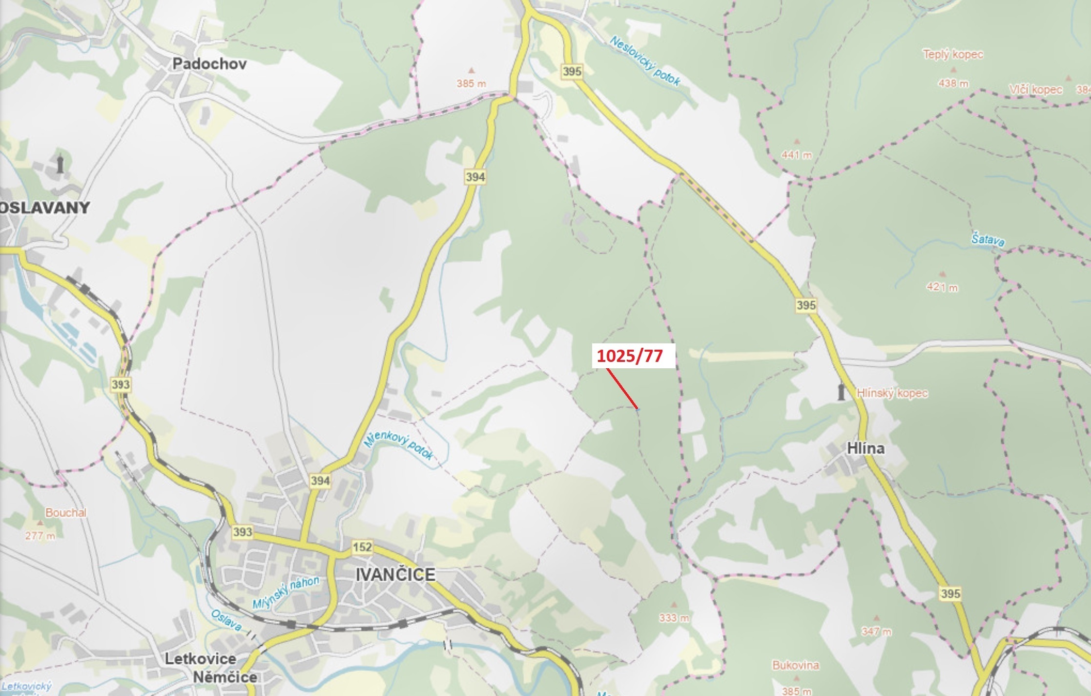 Lesní pozemek o výměře 140 m2, podíl 1/1, katastrální území Kounické Předměstí, obec Ivančice, obec 