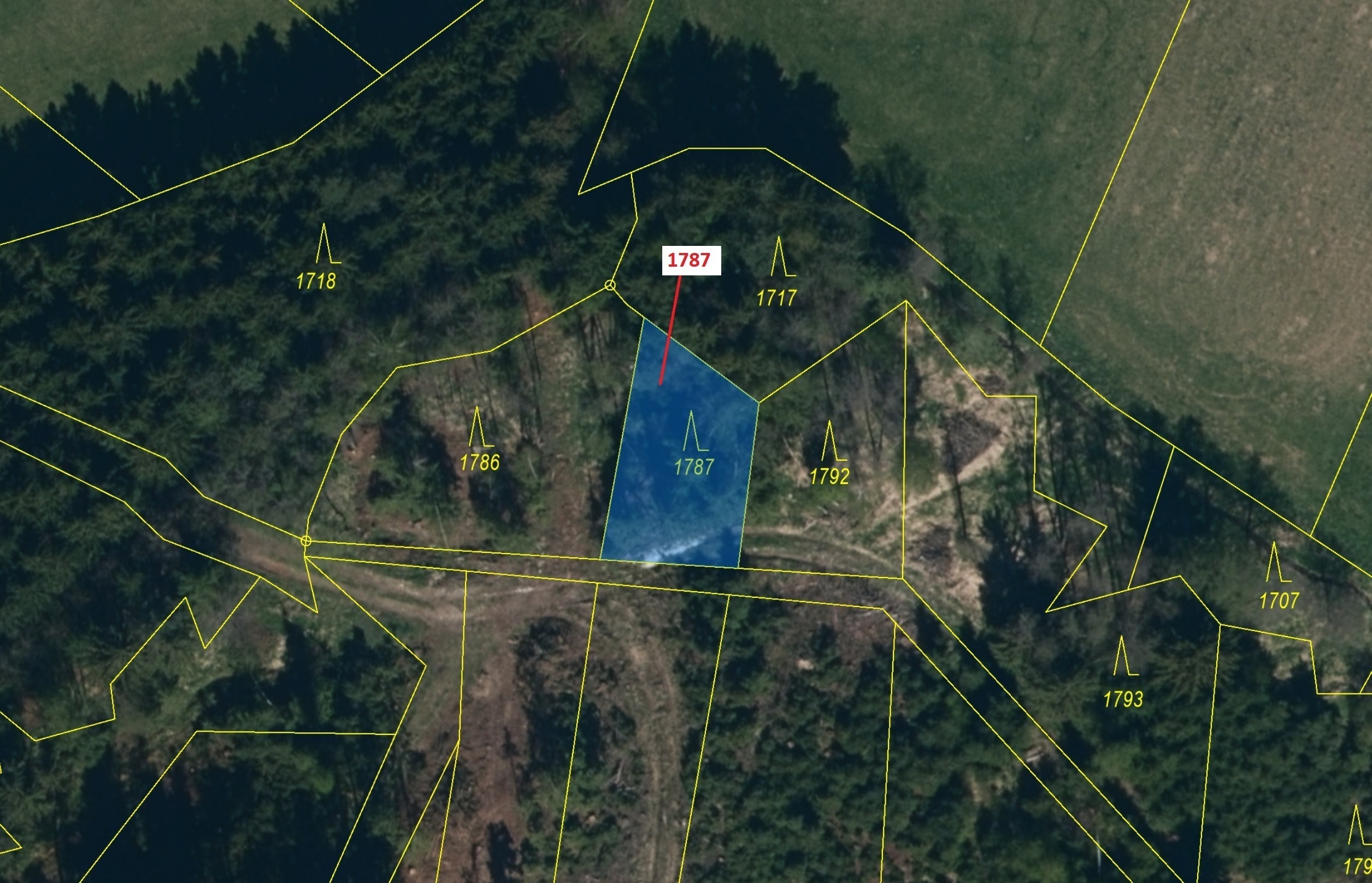 Lesní pozemek o výměře 288 m2, podíl 1/1, katastrální území Štítné, obec Žirovnice, obec s rozšířeno