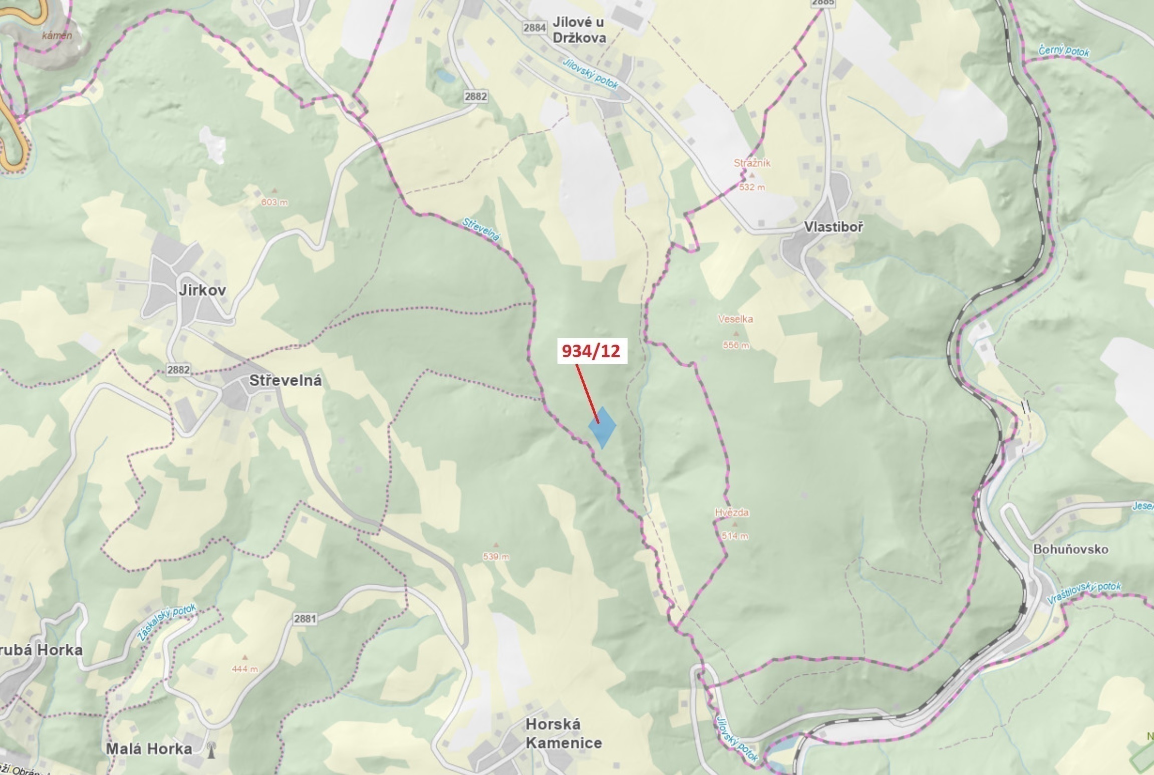 Lesní pozemek o výměře 10 166 m2, podíl 1/1, katastrální území Jílové u Držkova, obec Jílové u Držko